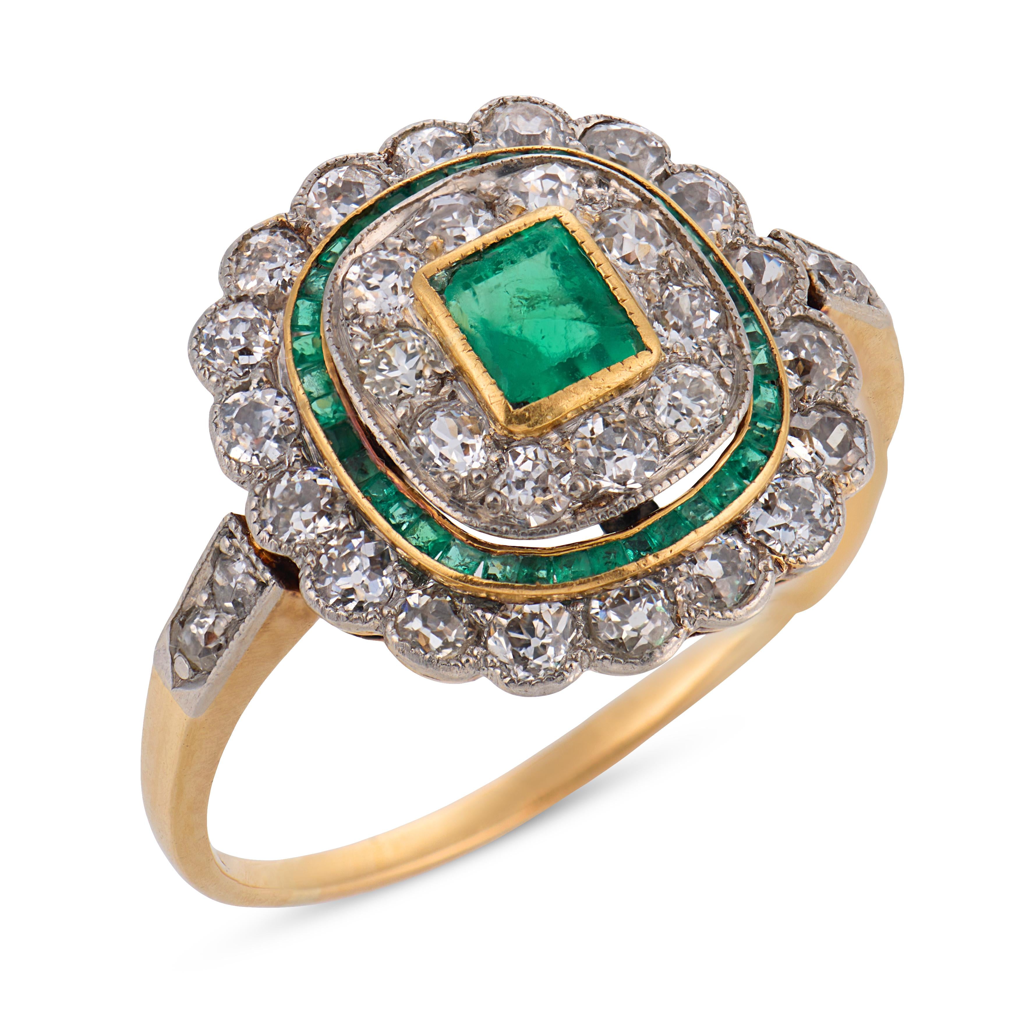 Edwardian emerald diamond 18k gold and platinum cluster ring