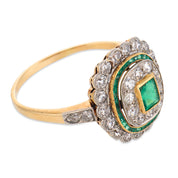 Edwardian emerald diamond 18k gold and platinum cluster ring