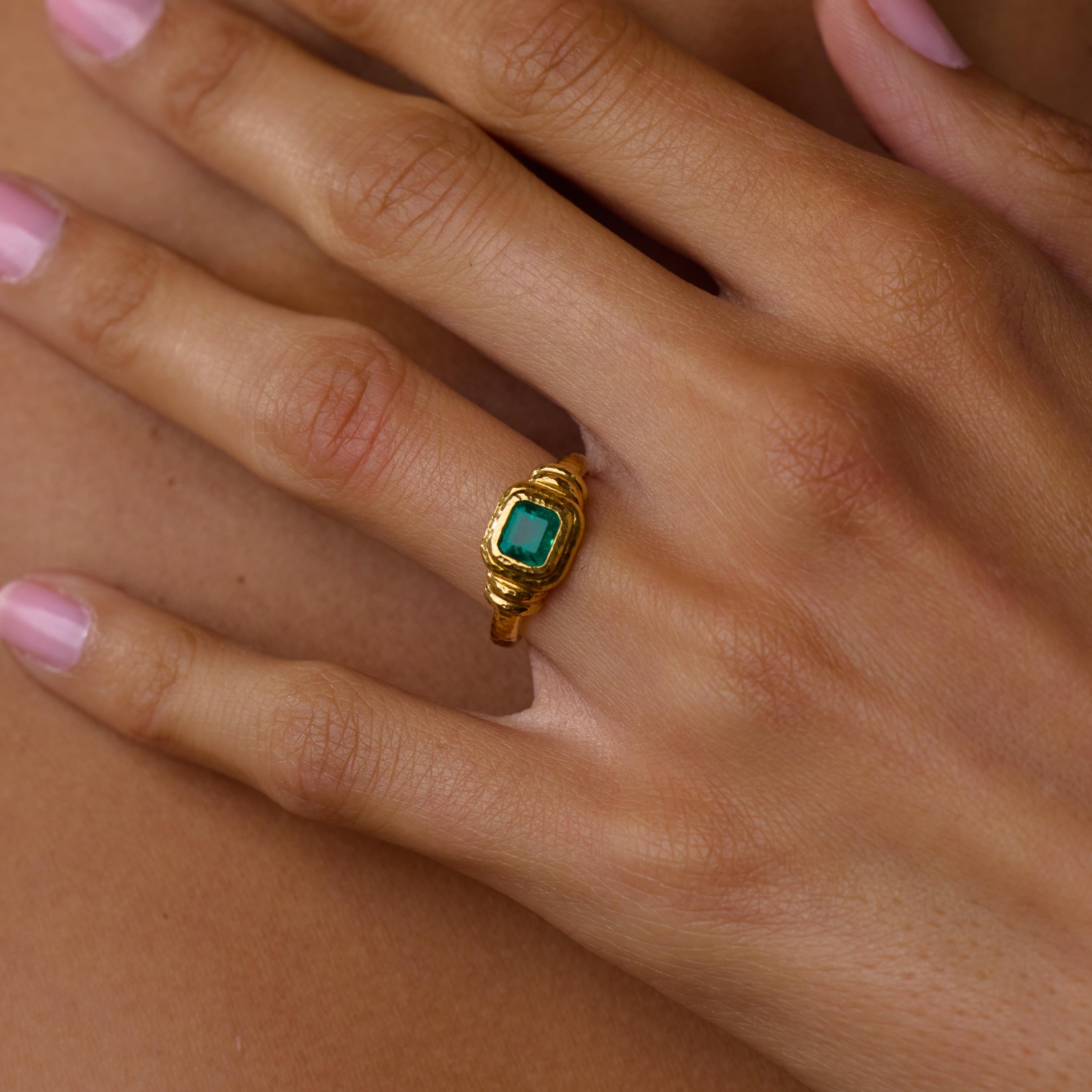 Mid century emerald 22k yellow gold bezel set ring