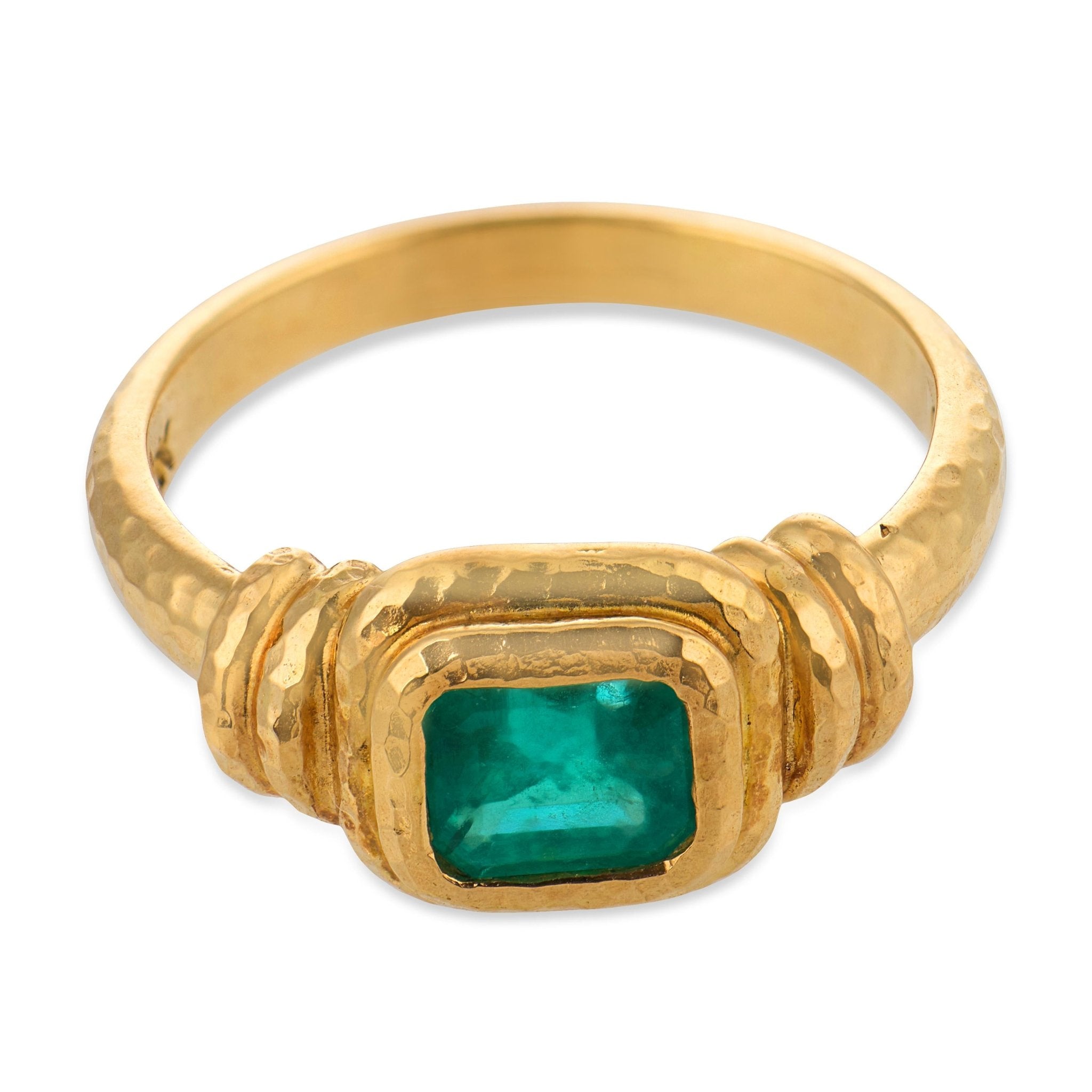 Mid century emerald 22k yellow gold bezel set ring
