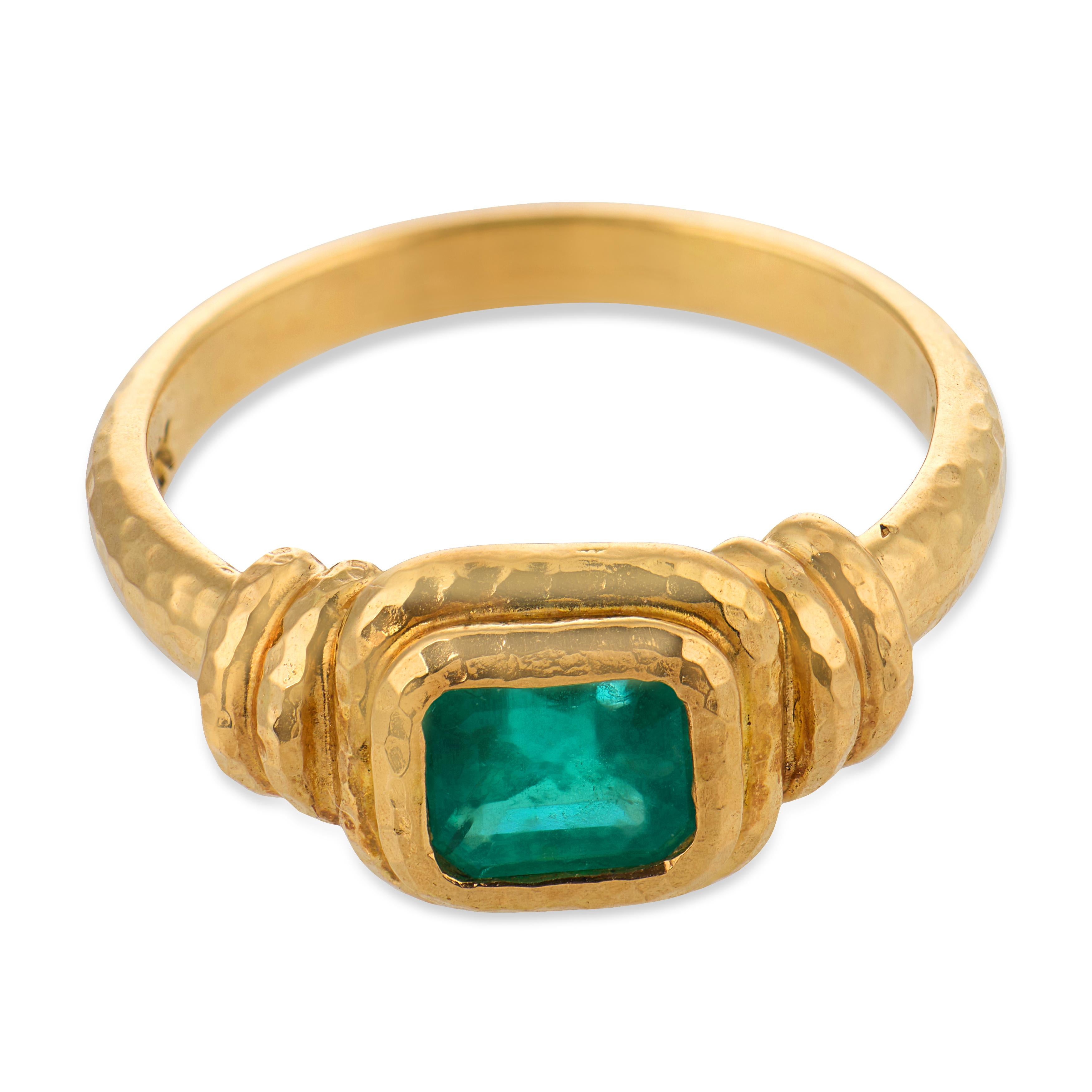 Mid century emerald 22k yellow gold bezel set ring