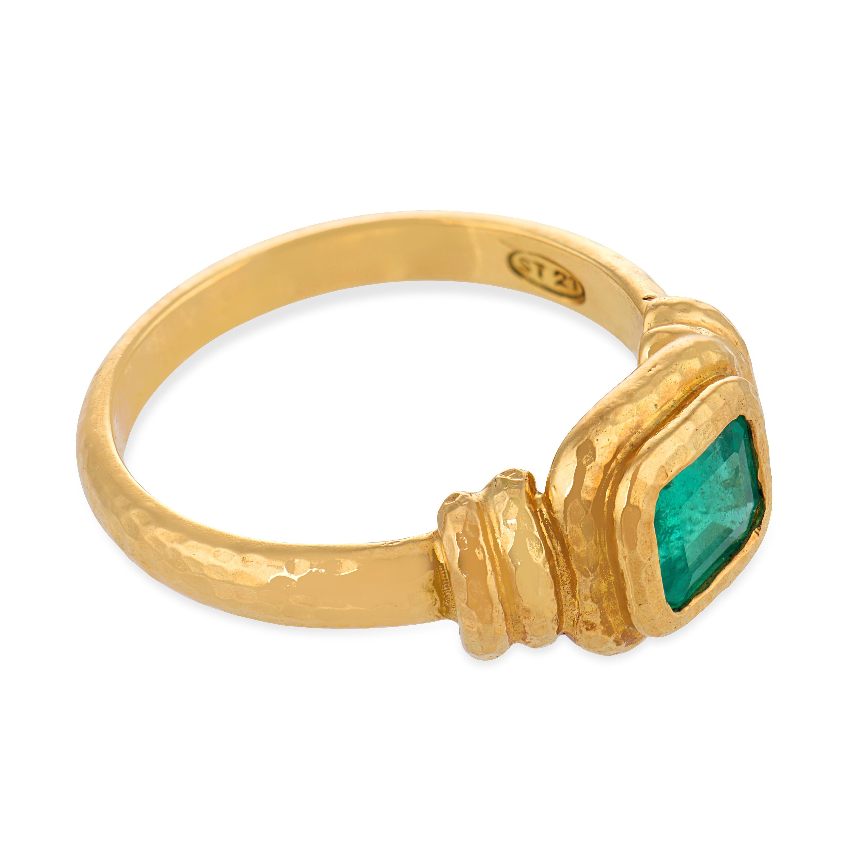 Mid century emerald 22k yellow gold bezel set ring