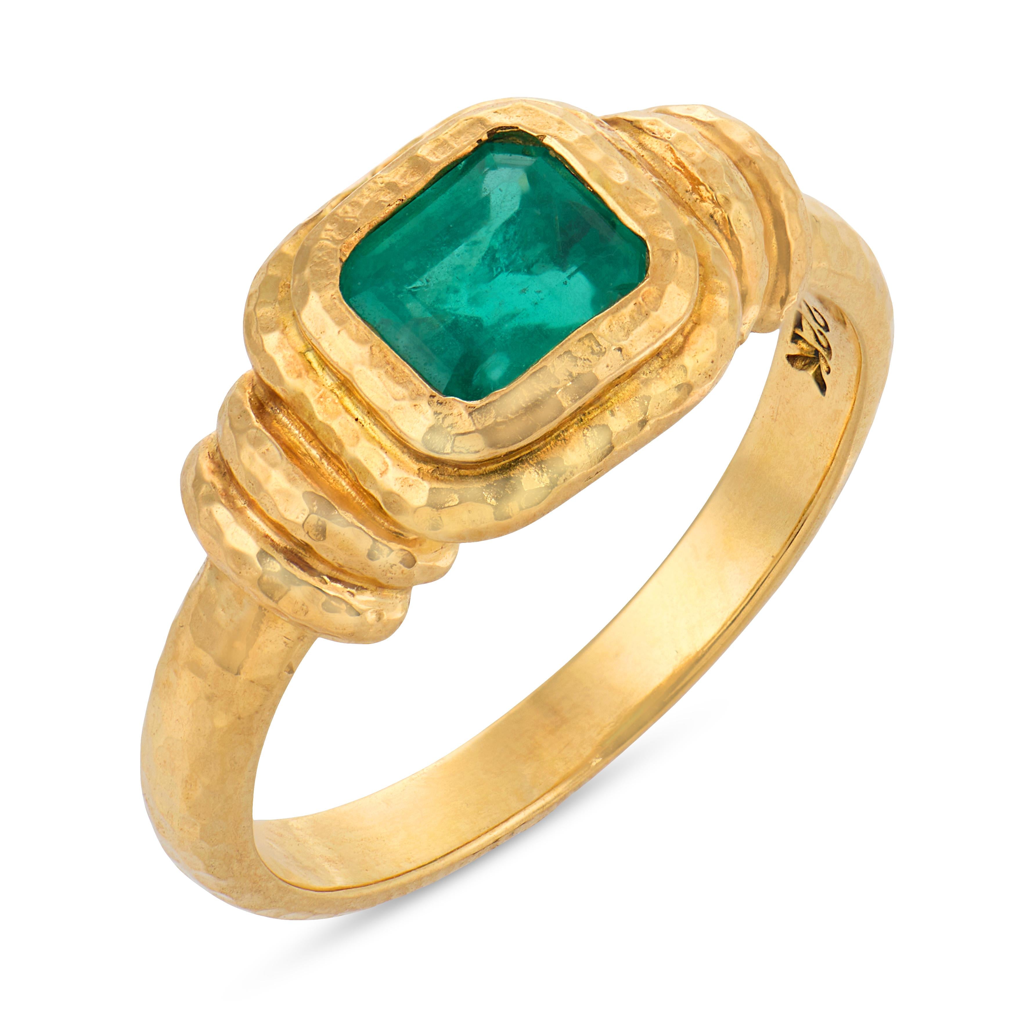 Mid century emerald 22k yellow gold bezel set ring