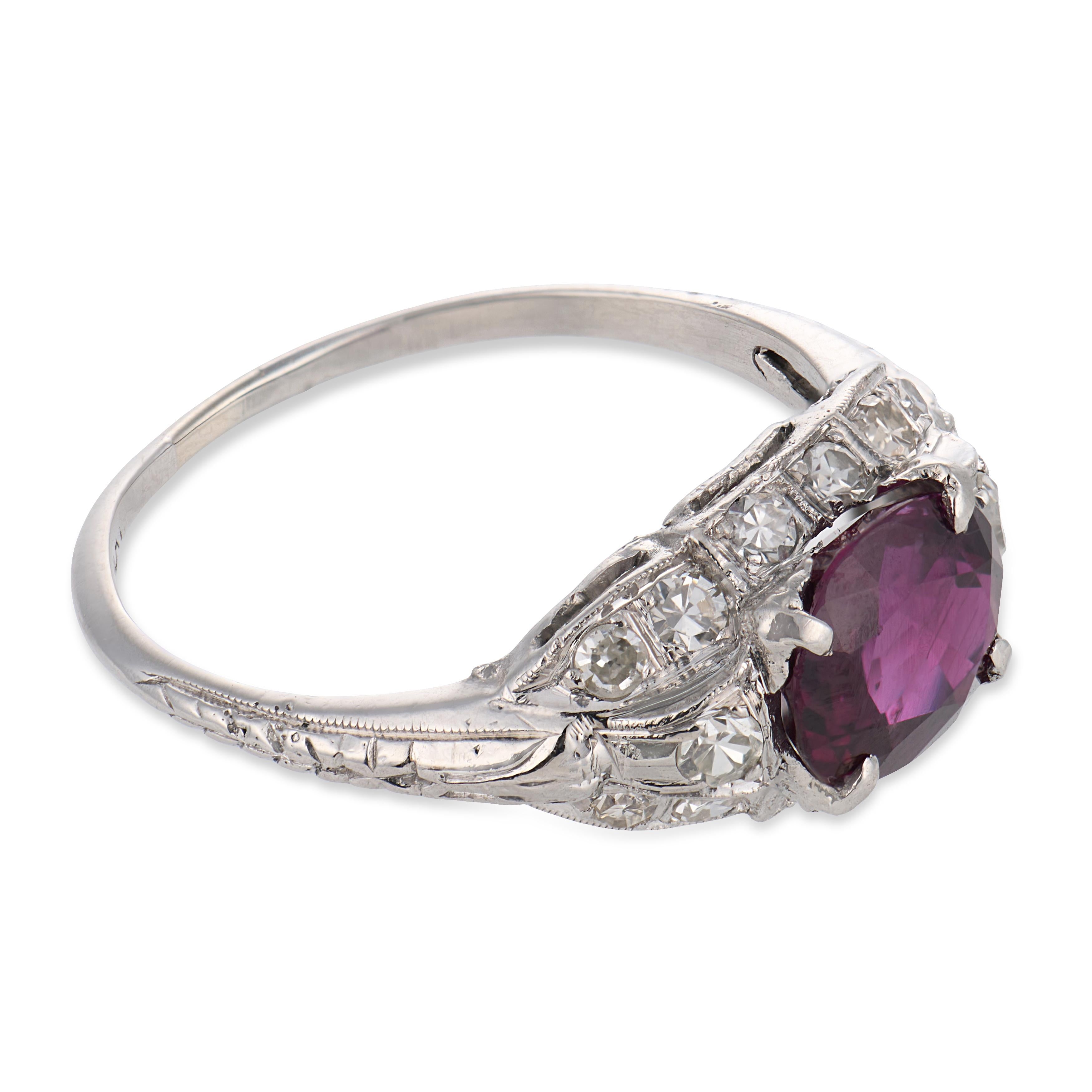 Art Deco 1.50 carat ruby diamond platinum engagement ring