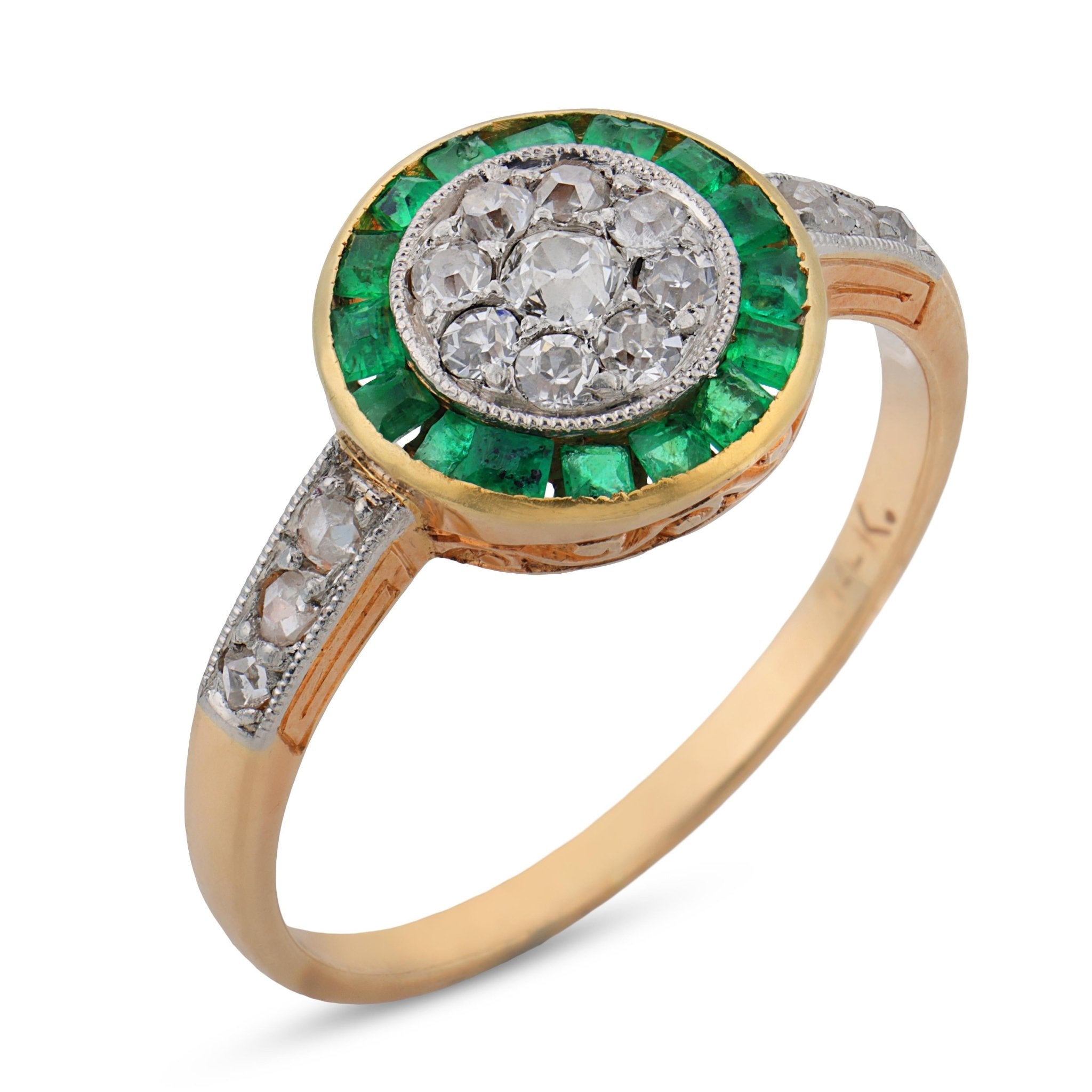 Art Deco diamond emerald 14k yellow gold platinum ring