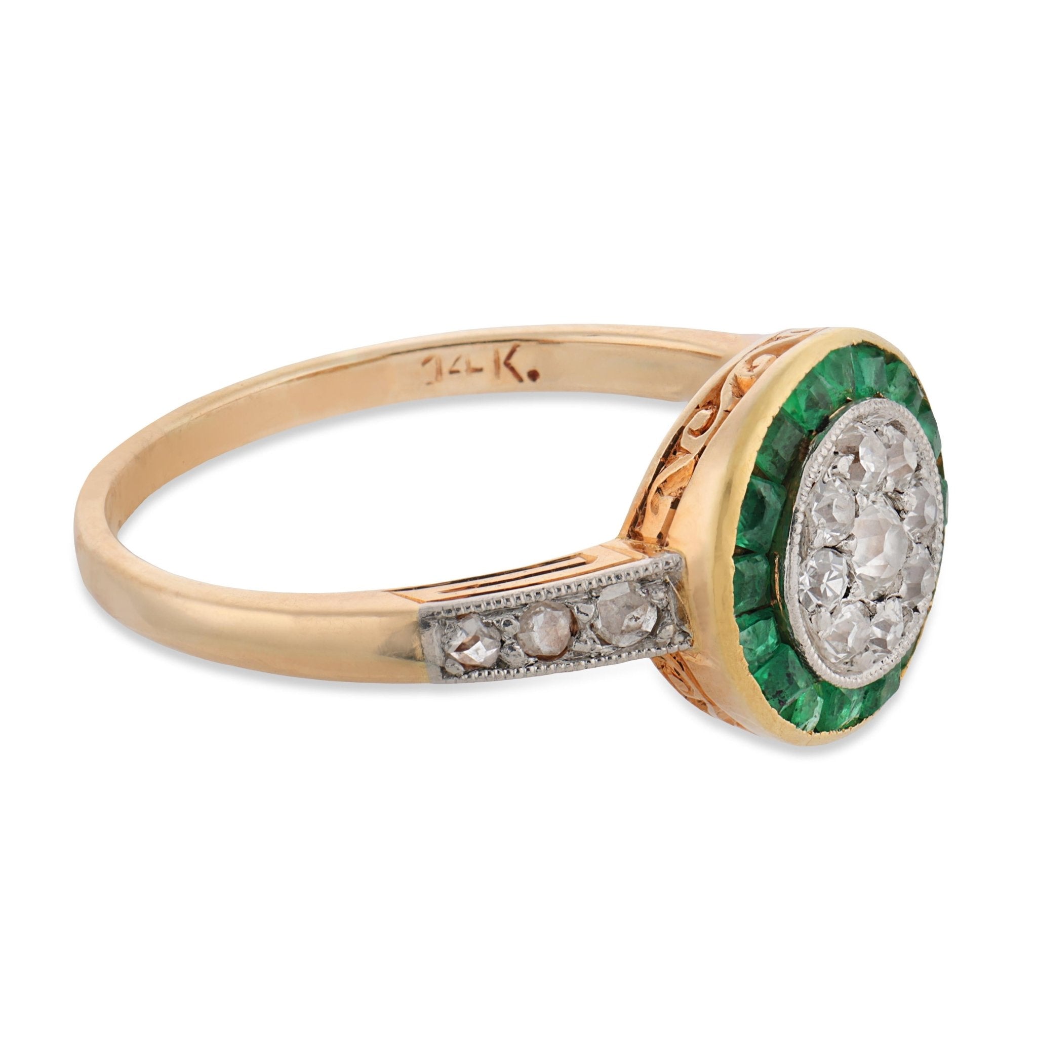 Art Deco diamond emerald 14k yellow gold platinum ring
