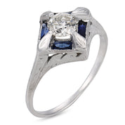 Art Deco diamond synthetic sapphire 18k white gold ring