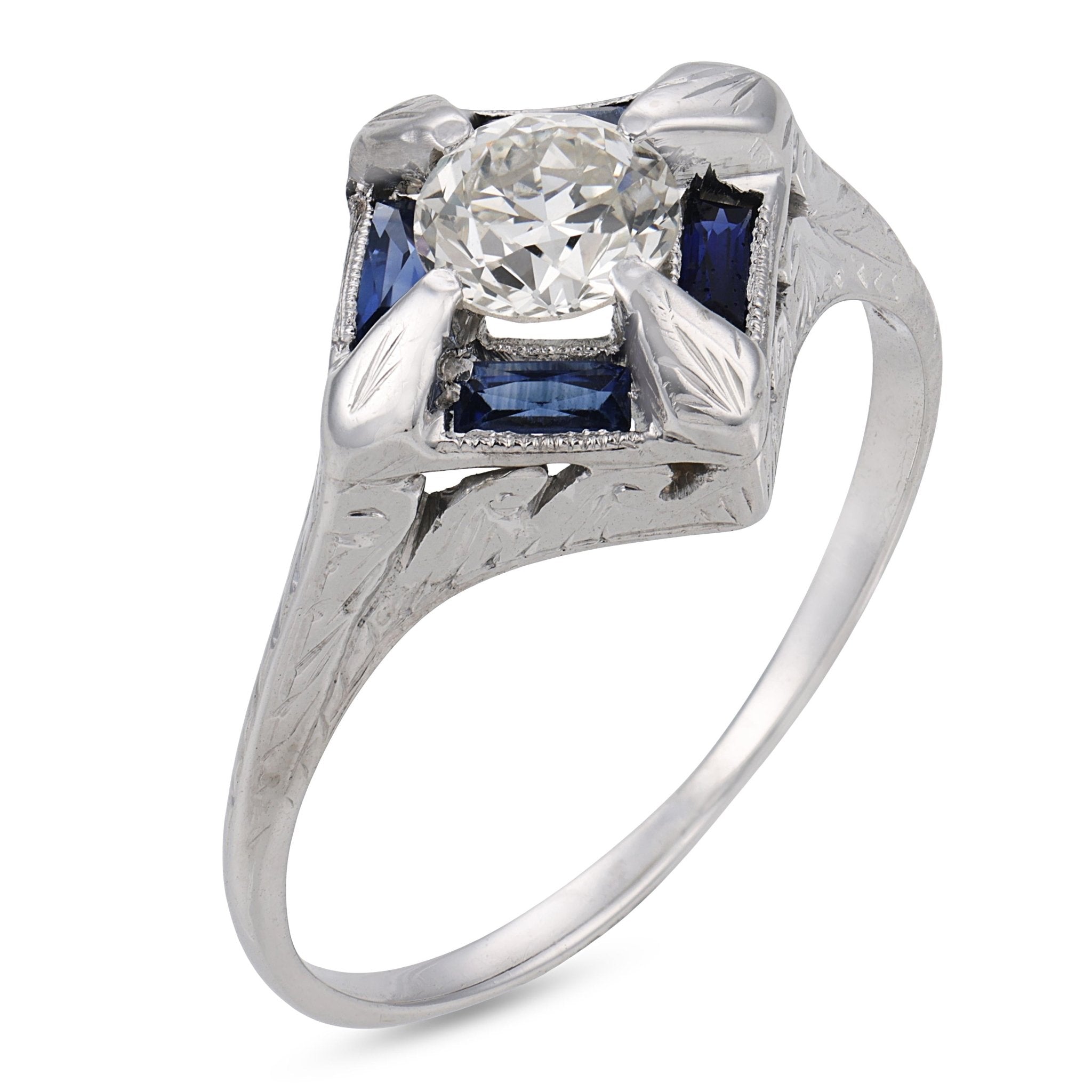 Art Deco diamond synthetic sapphire 18k white gold ring