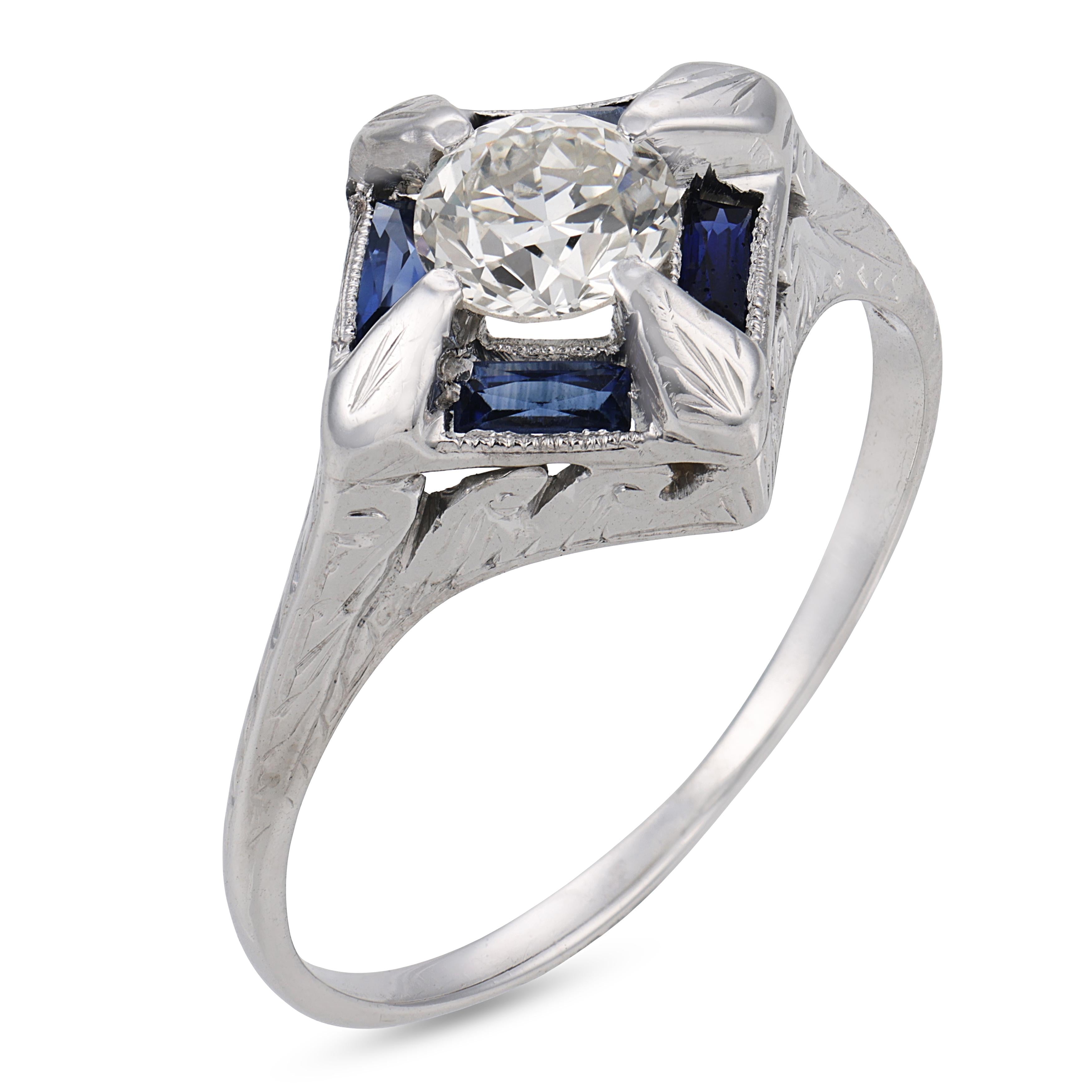 Art Deco diamond synthetic sapphire 18k white gold ring
