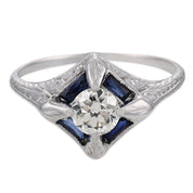 Art Deco diamond synthetic sapphire 18k white gold ring