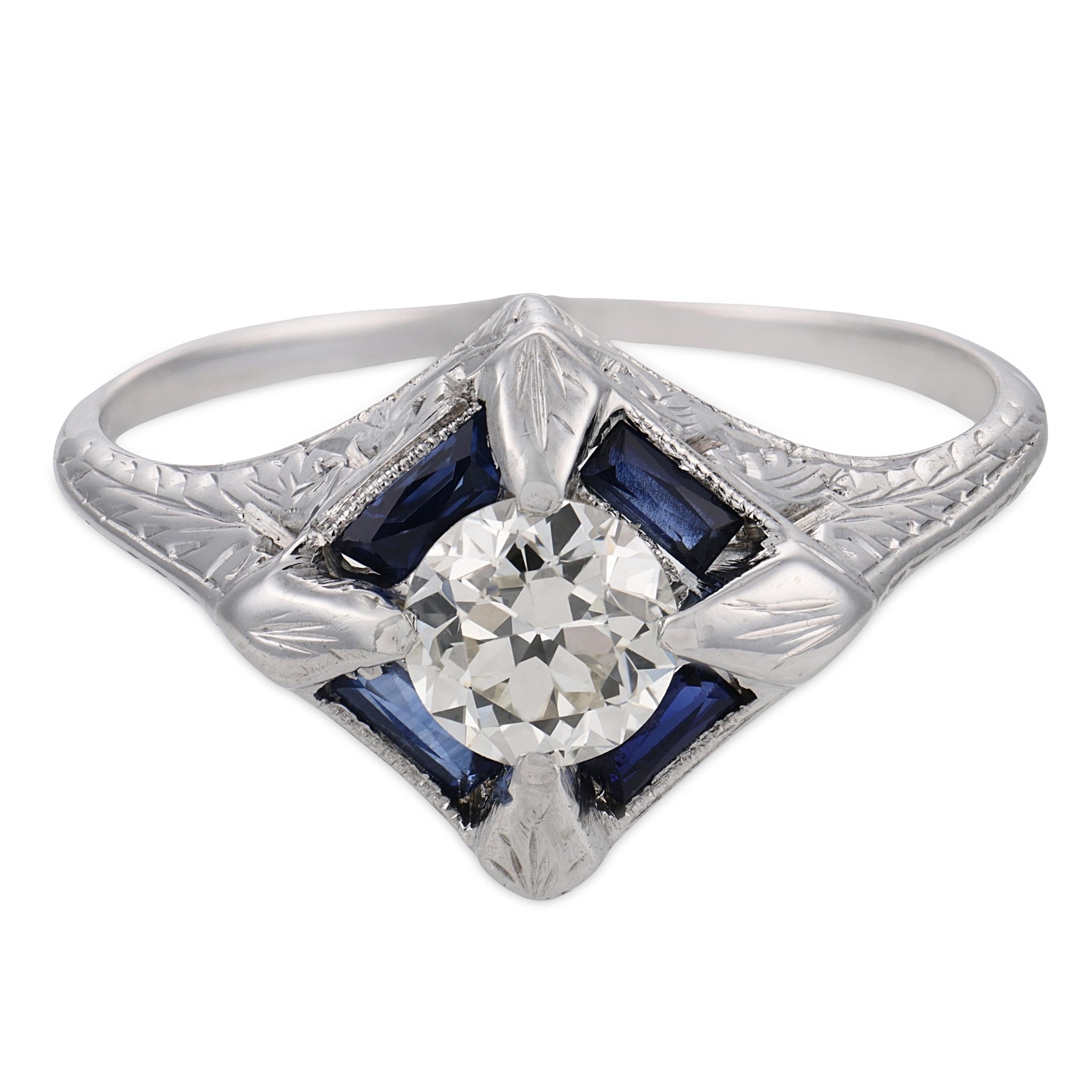 Art Deco diamond synthetic sapphire 18k white gold ring