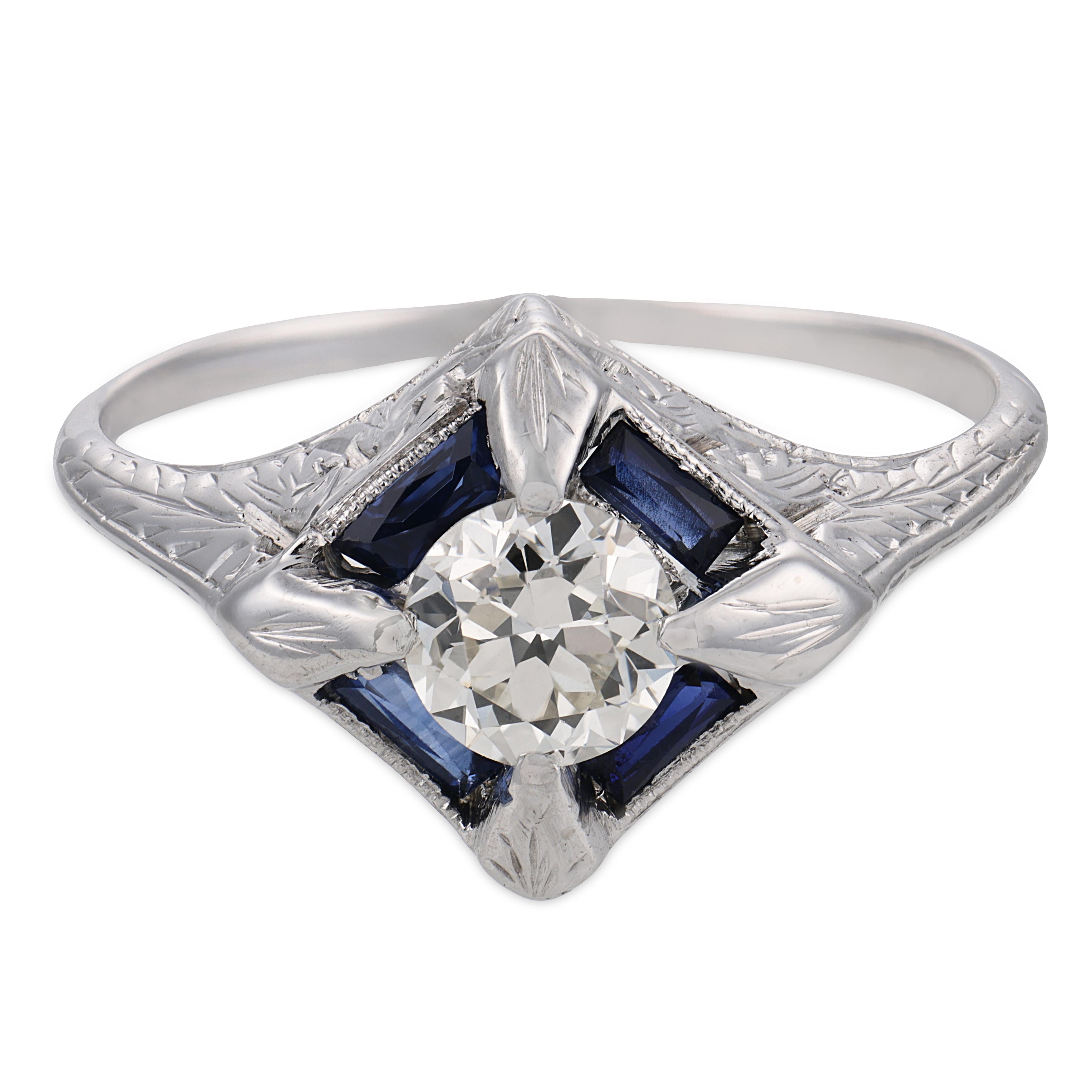 Art Deco diamond synthetic sapphire 18k white gold ring