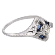 Art Deco diamond synthetic sapphire 18k white gold ring