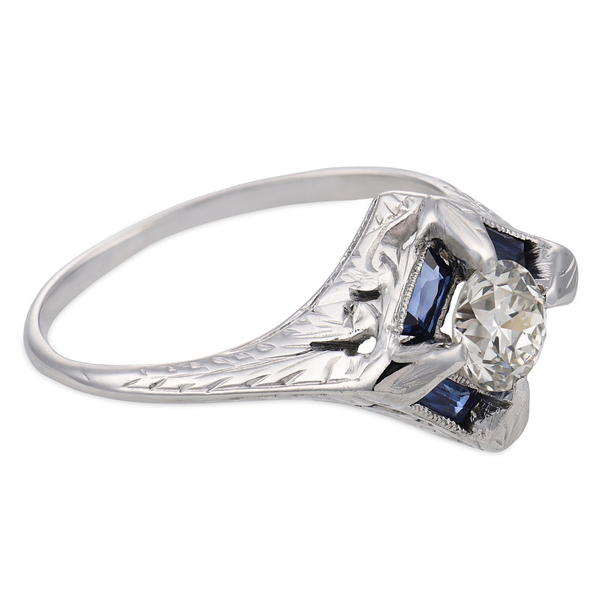 Art Deco diamond synthetic sapphire 18k white gold ring