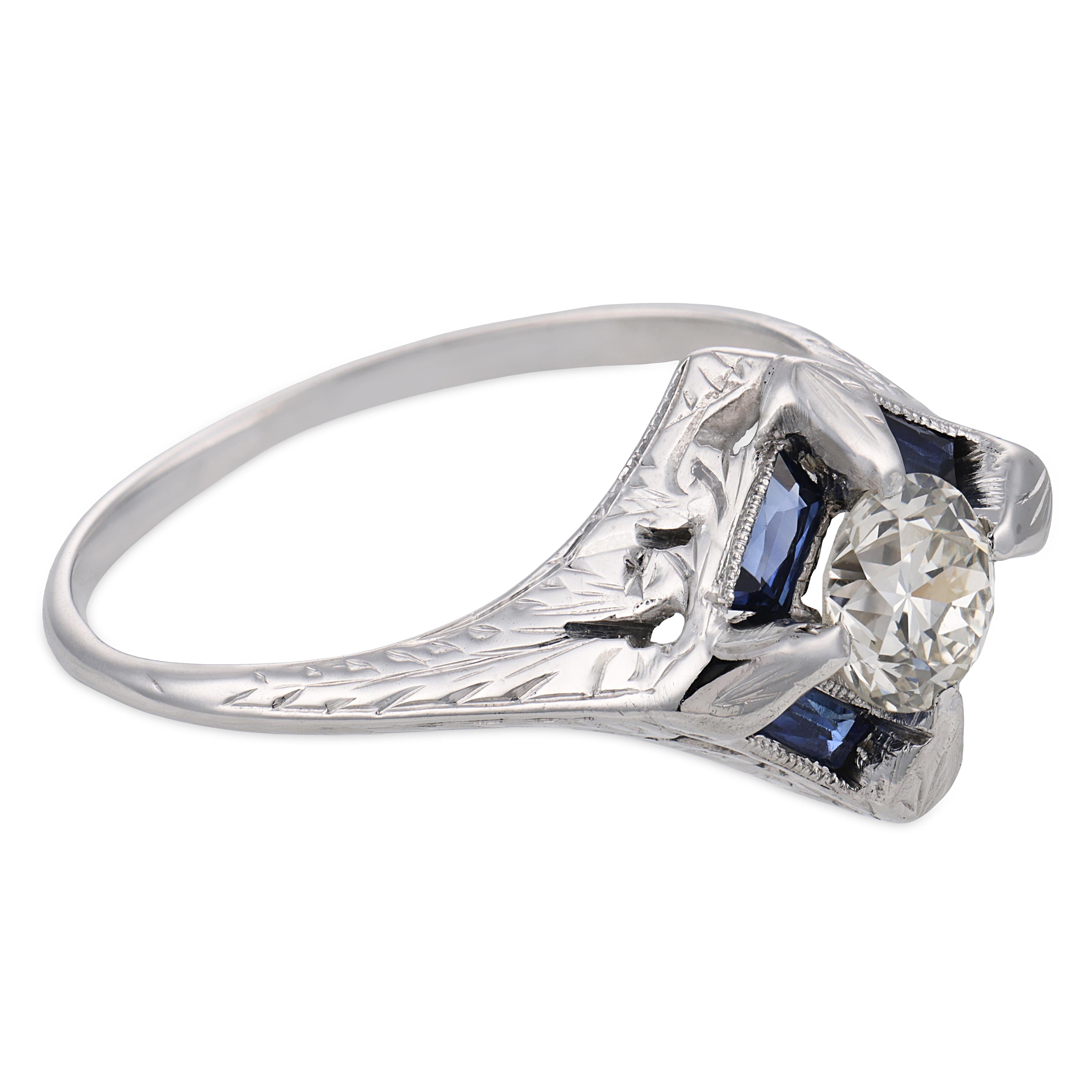 Art Deco diamond synthetic sapphire 18k white gold ring