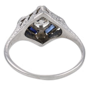 Art Deco diamond synthetic sapphire 18k white gold ring