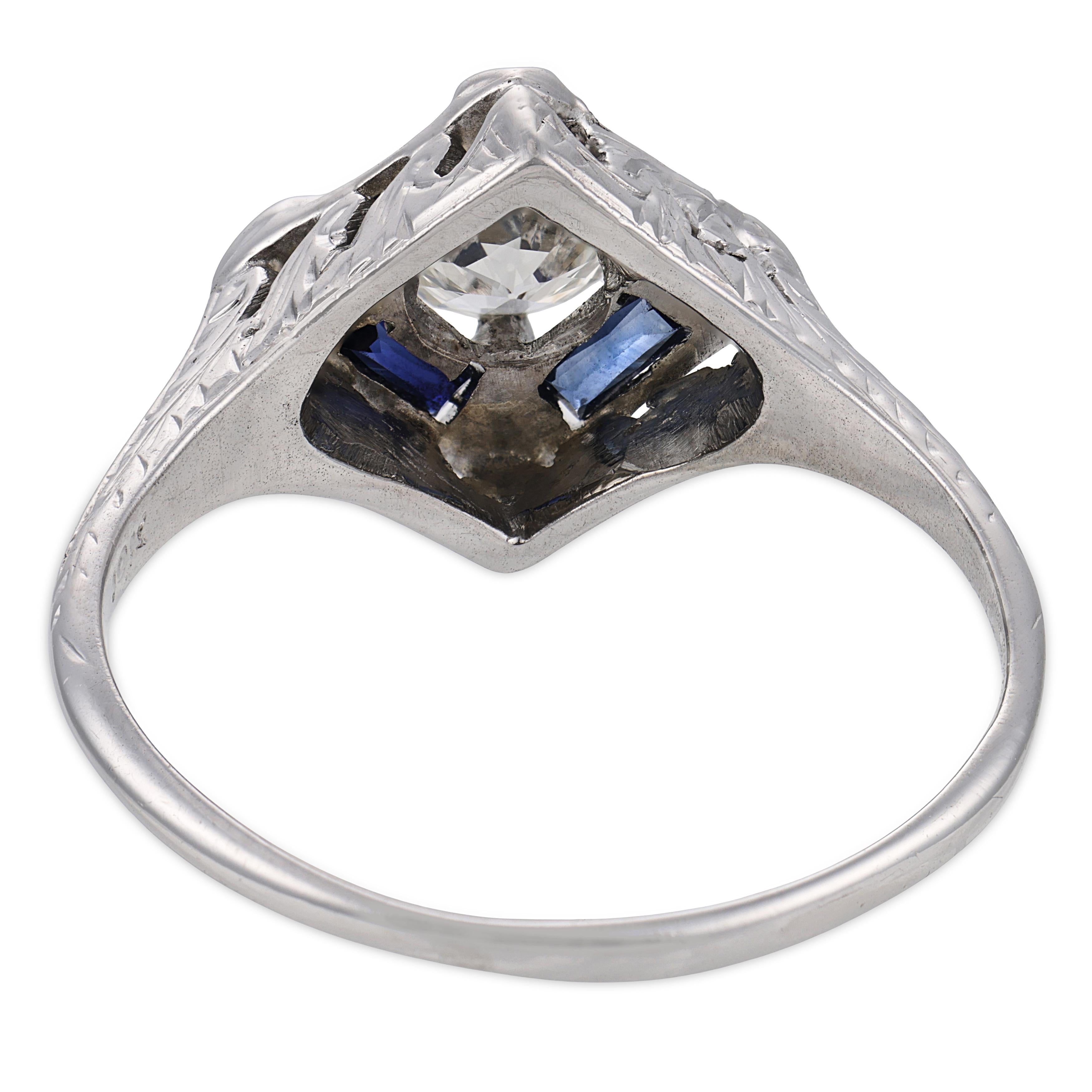 Art Deco diamond synthetic sapphire 18k white gold ring