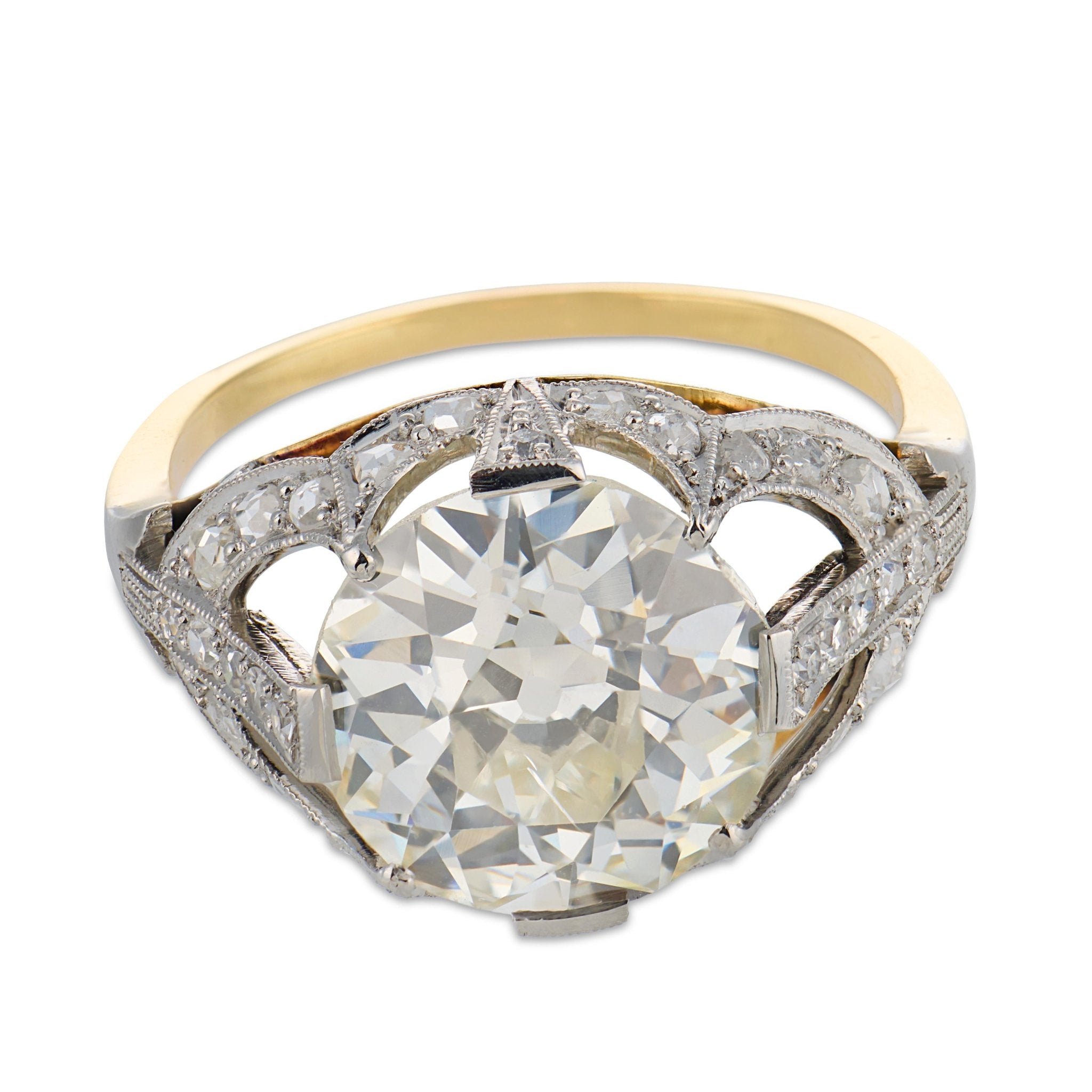 French Edwardian GIA 5.08 carat diamond 18k yellow gold platinum engagement ring