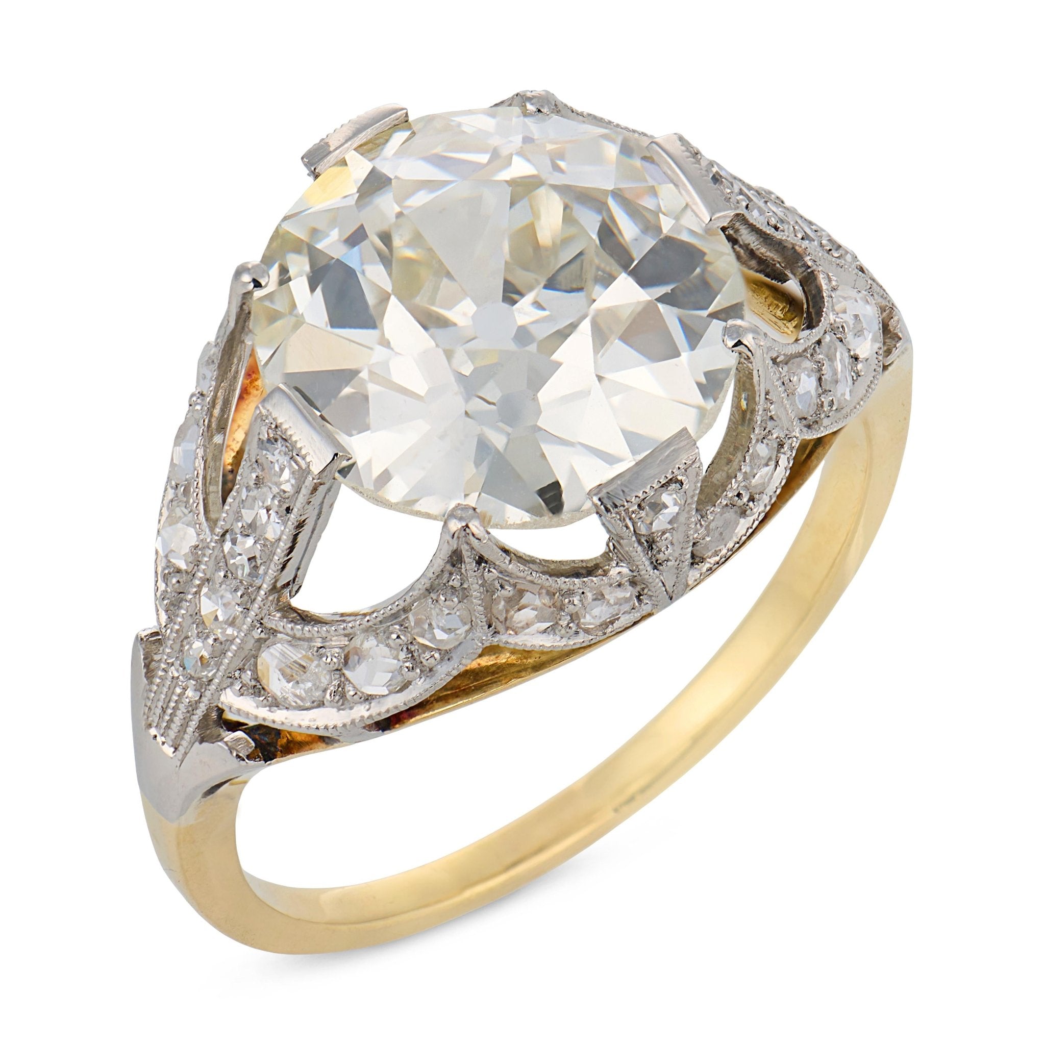 French Edwardian GIA 5.08 carat diamond 18k yellow gold platinum engagement ring