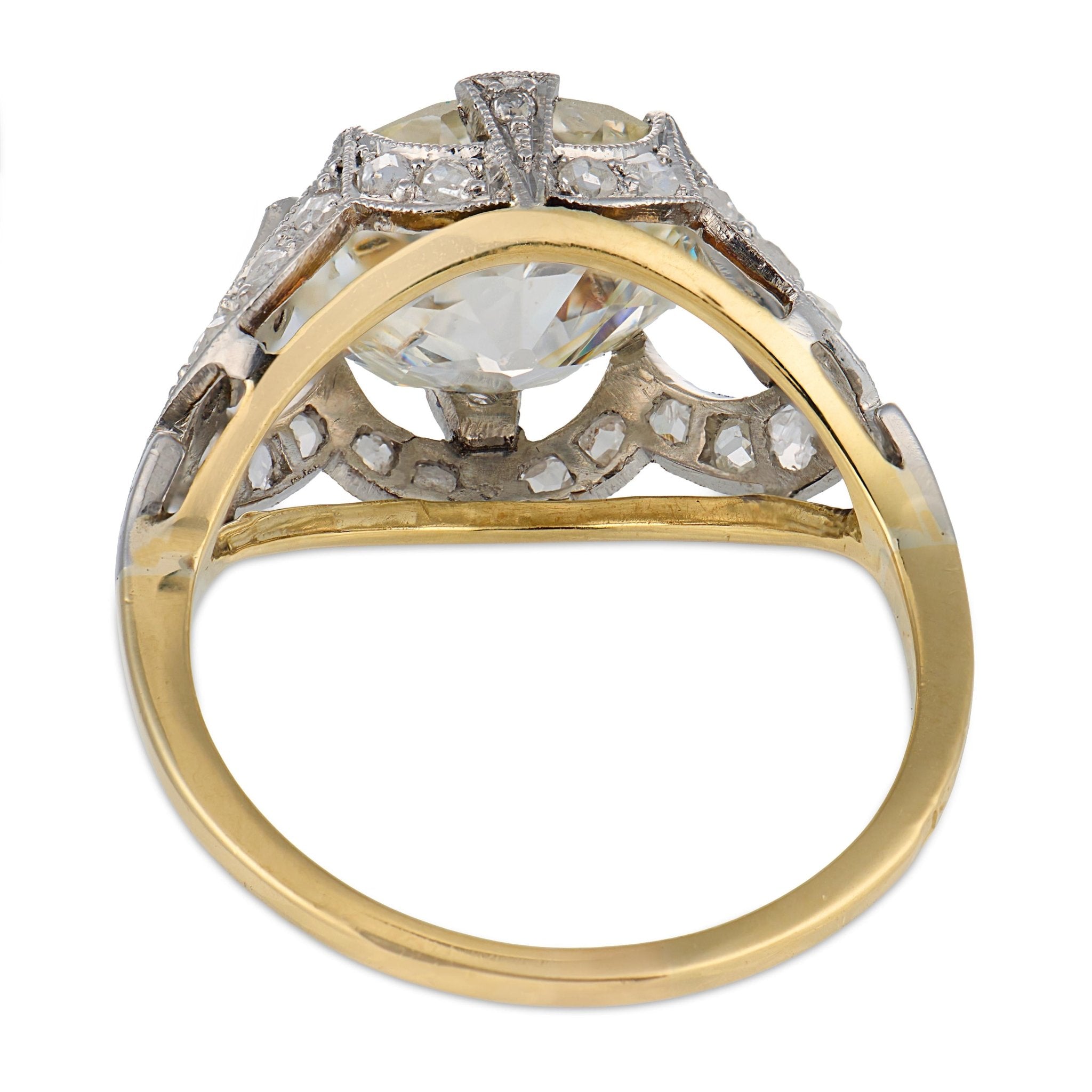 French Edwardian GIA 5.08 carat diamond 18k yellow gold platinum engagement ring