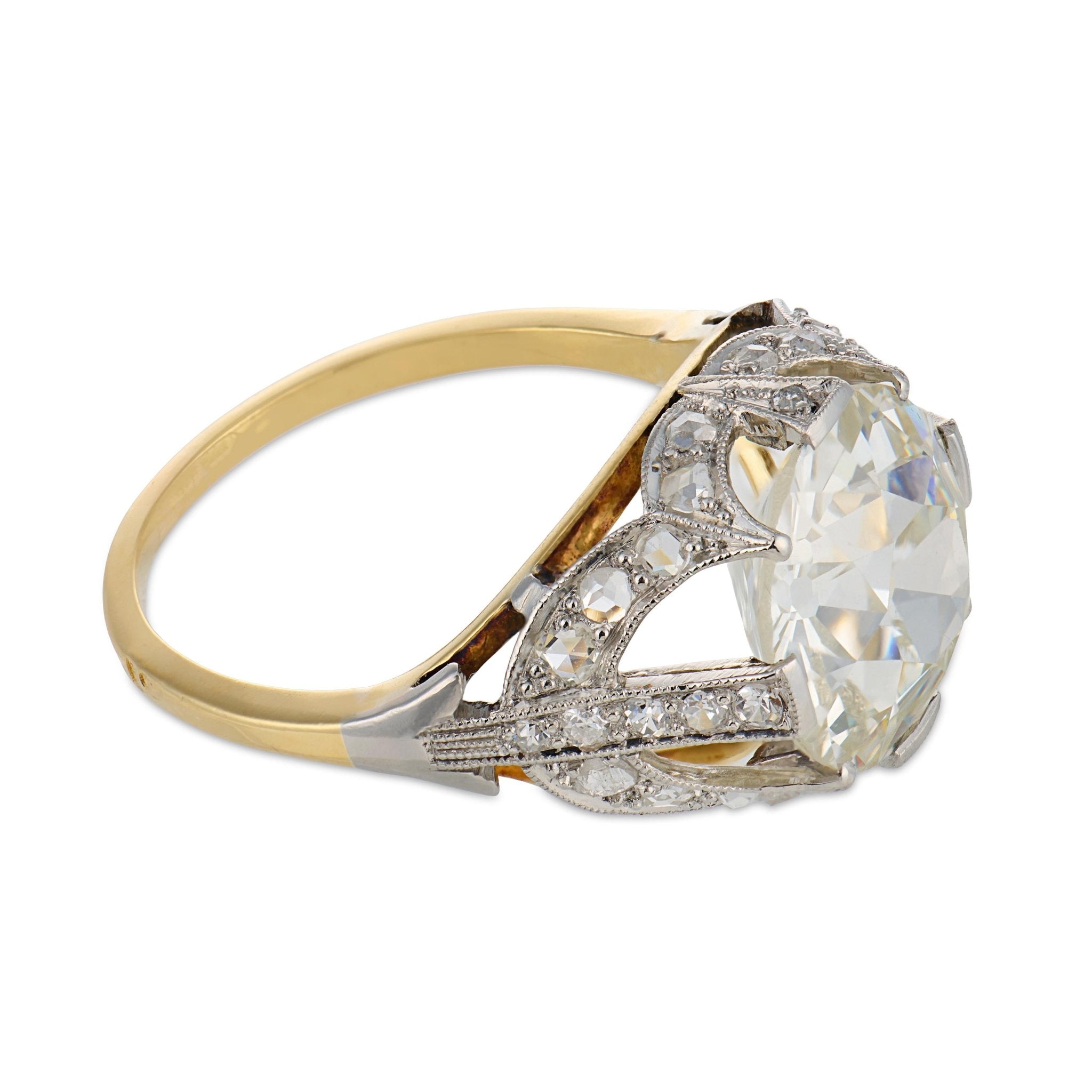 French Edwardian GIA 5.08 carat diamond 18k yellow gold platinum engagement ring