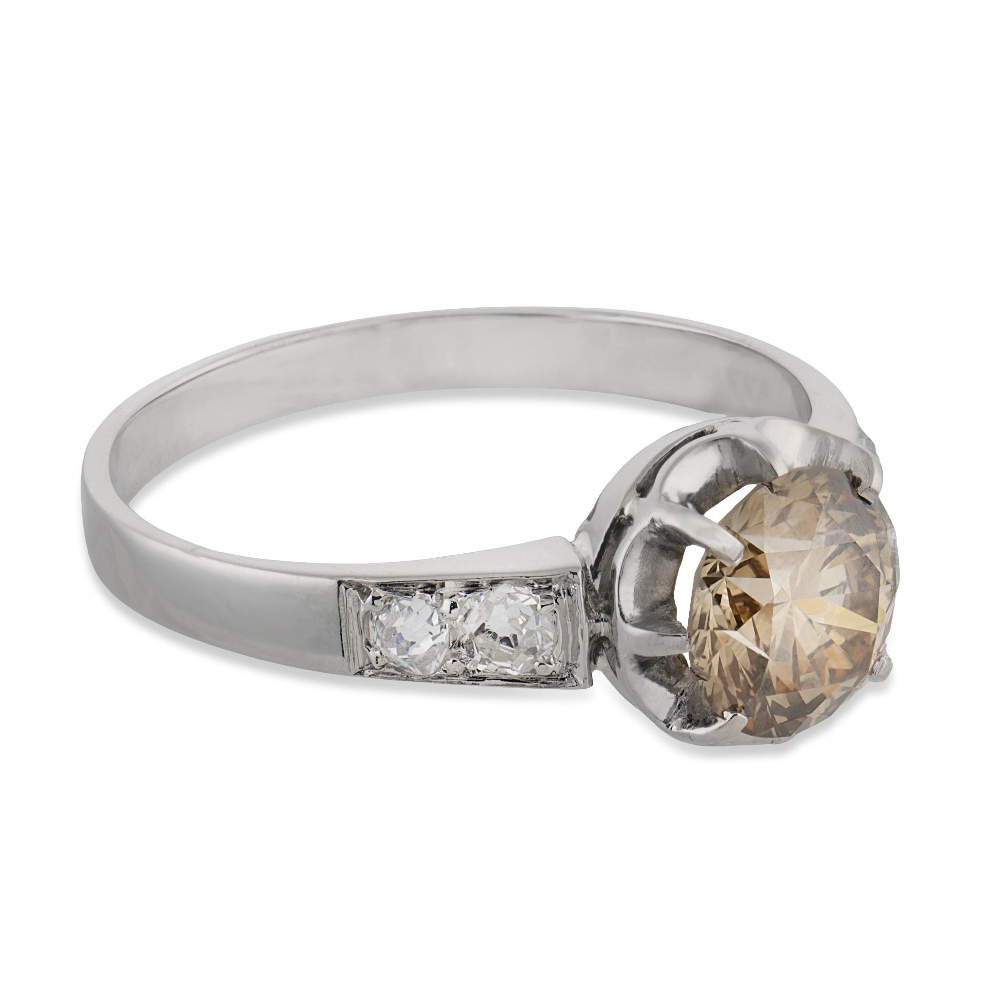 French Art Deco 1.31 carat fancy brown diamond platinum engagement ring