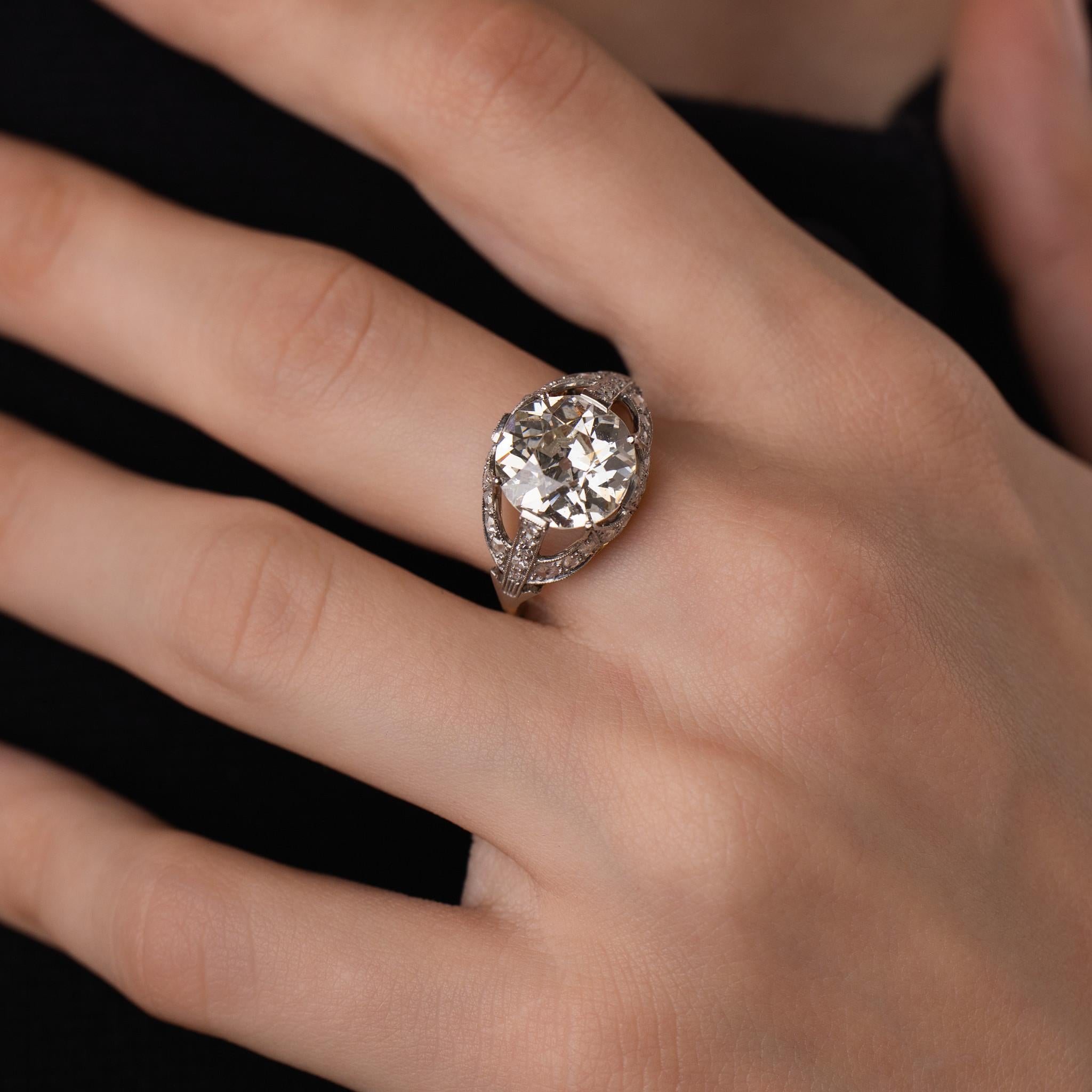 French Edwardian GIA 5.08 carat diamond 18k yellow gold platinum engagement ring