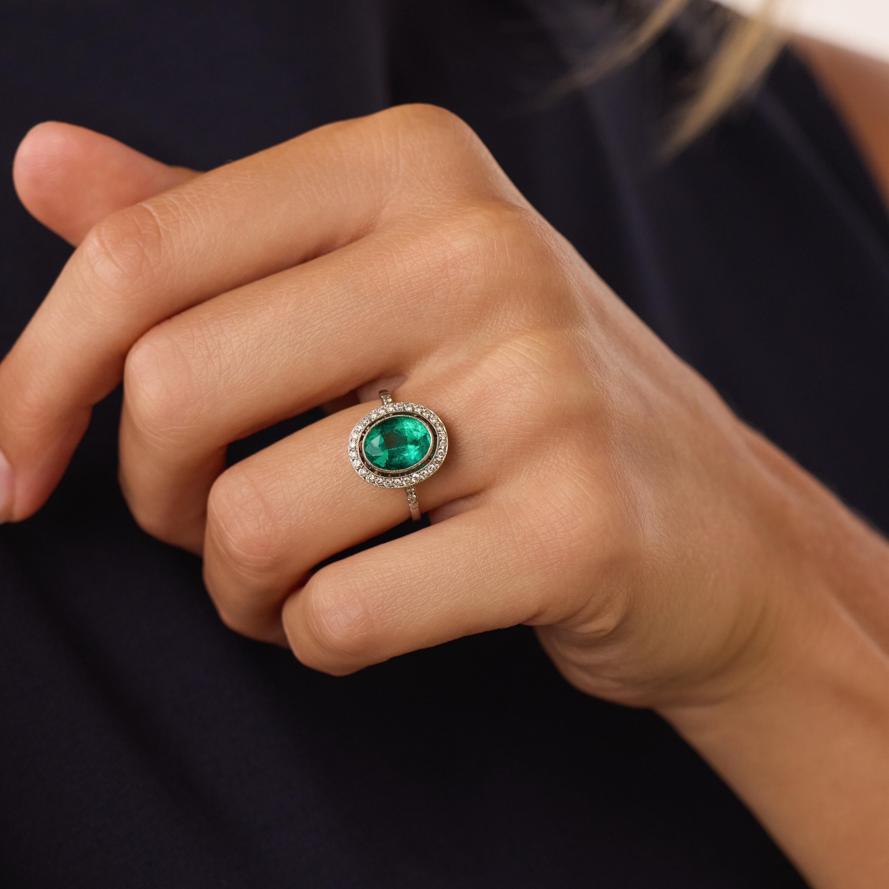 Art Deco style GIA 2.10 carat emerald diamond platinum ring