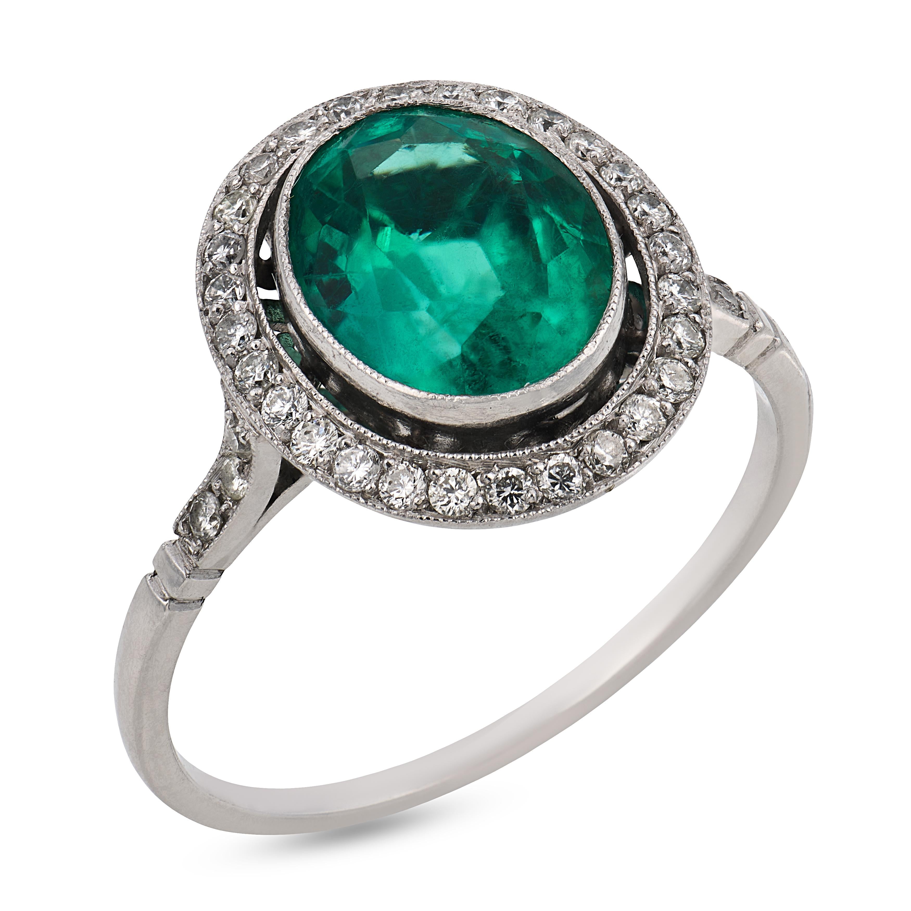 Art Deco style GIA 2.10 carat emerald diamond platinum ring