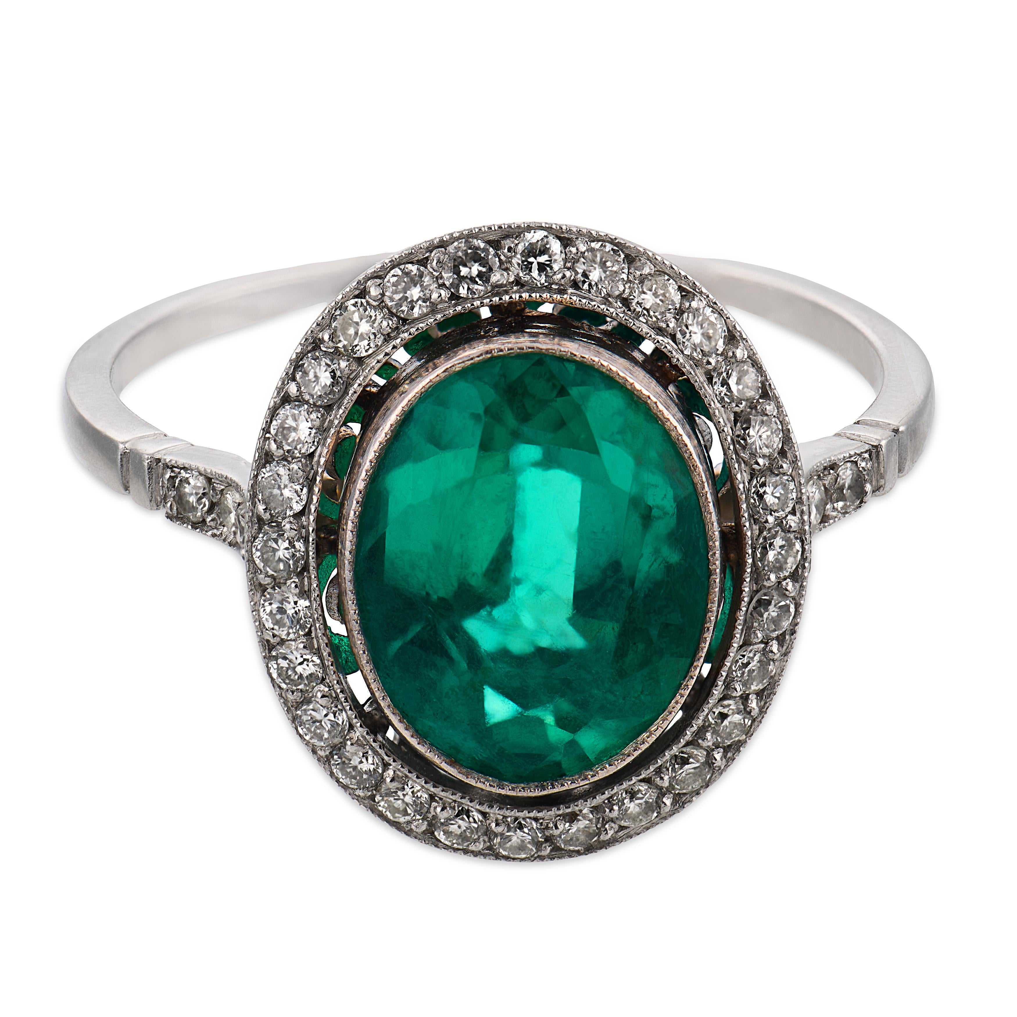 Art Deco style GIA 2.10 carat emerald diamond platinum ring