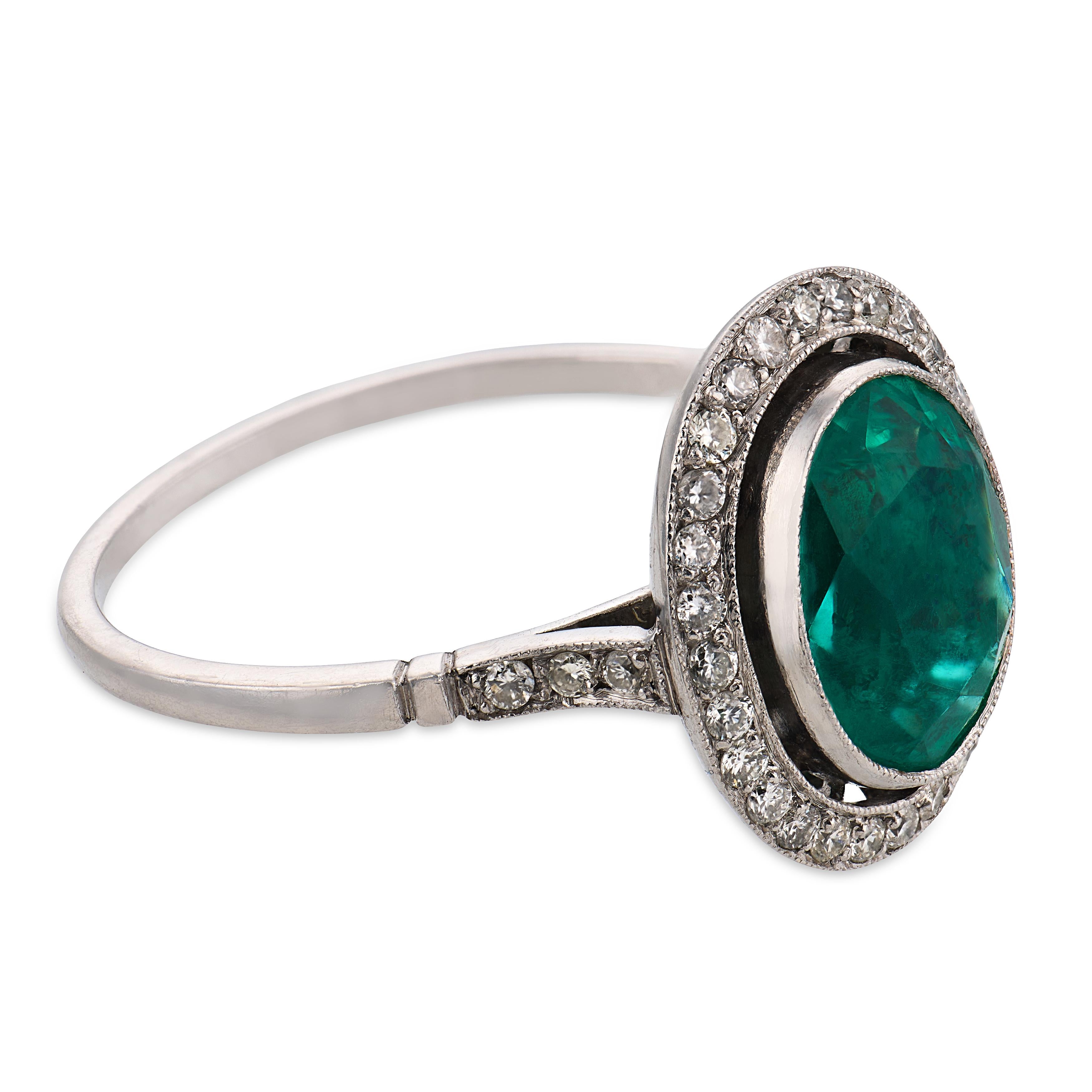 Art Deco style GIA 2.10 carat emerald diamond platinum ring