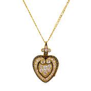 Victorian old mine cut diamond 18k yellow gold enamel heart locket pendant