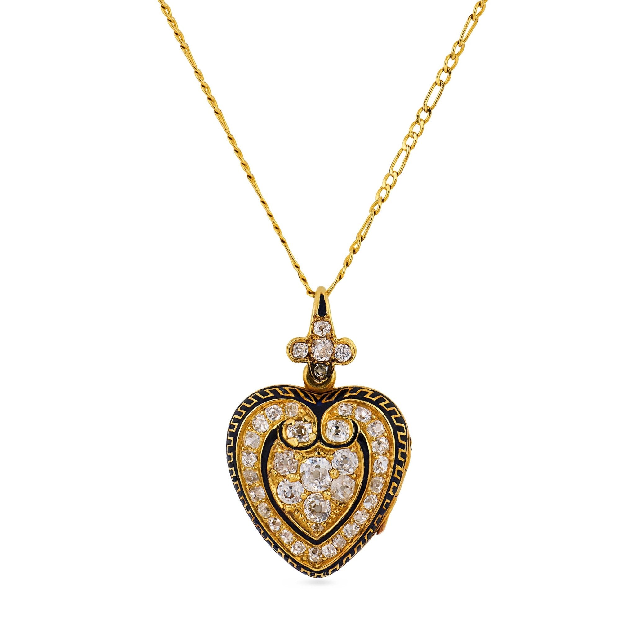 Victorian old mine cut diamond 18k yellow gold enamel heart locket pendant