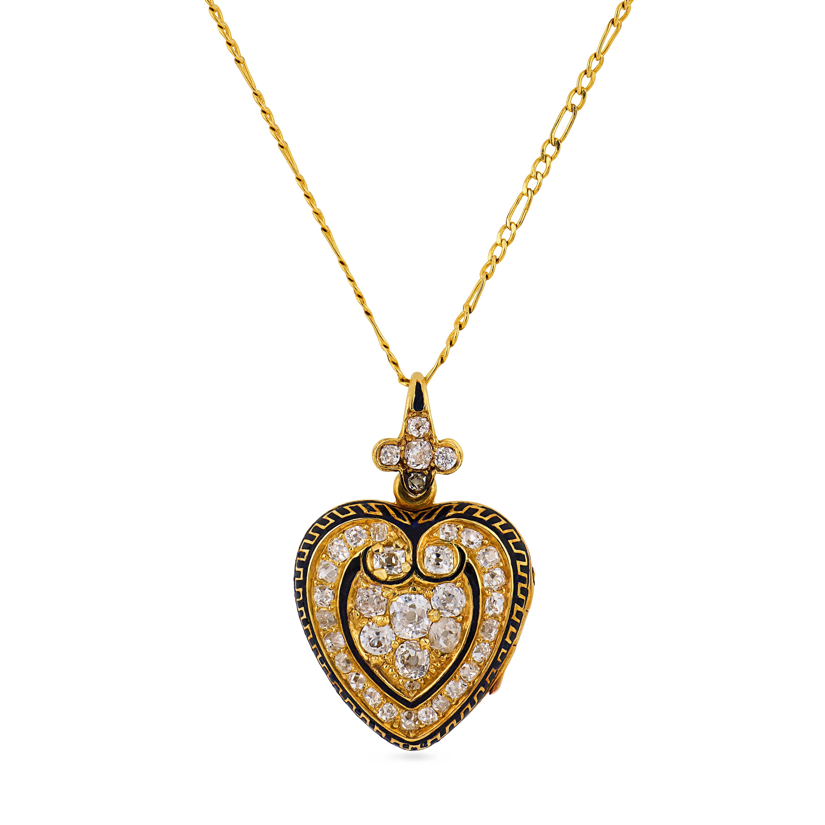 Victorian old mine cut diamond 18k yellow gold enamel heart locket pendant