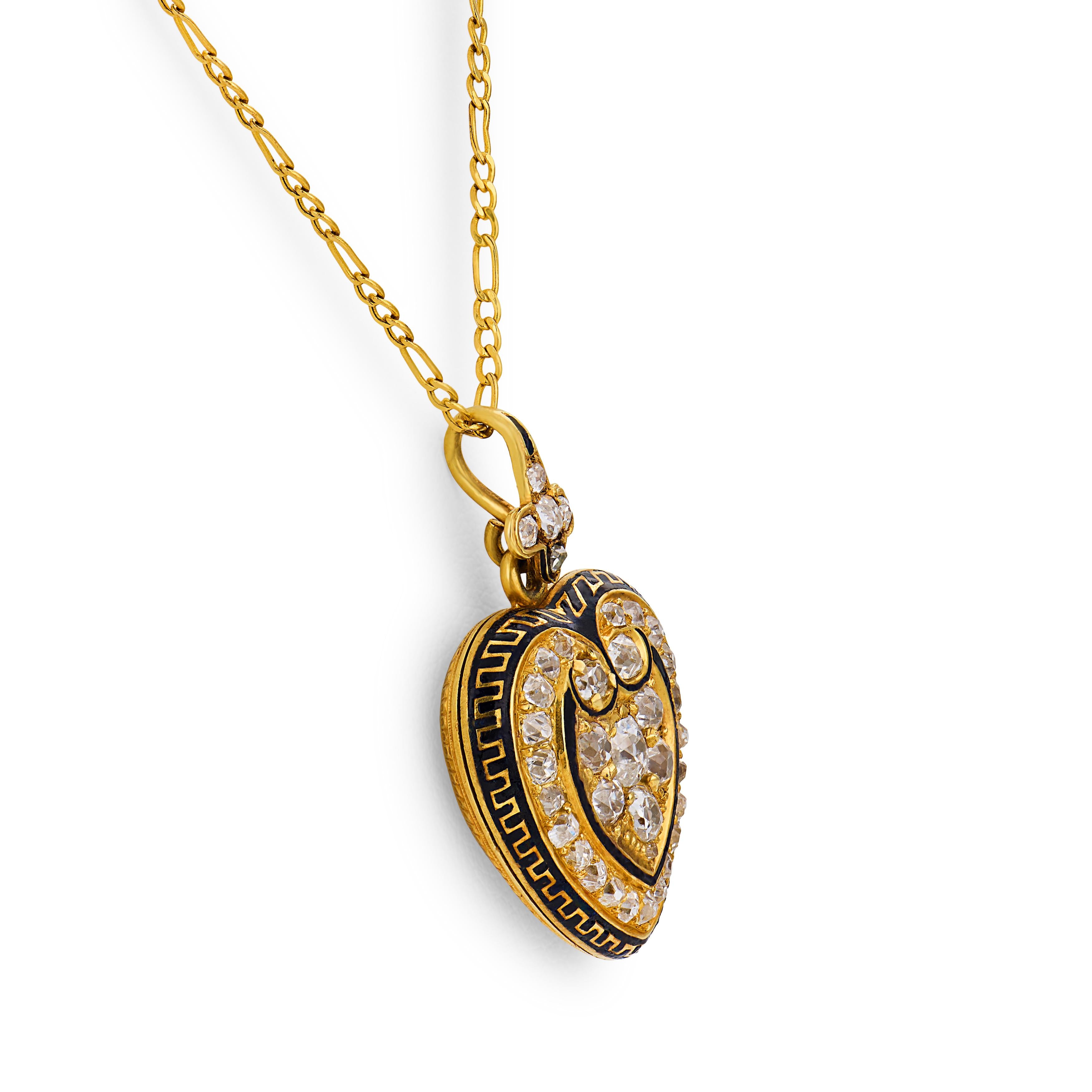 Victorian old mine cut diamond 18k yellow gold enamel heart locket pendant