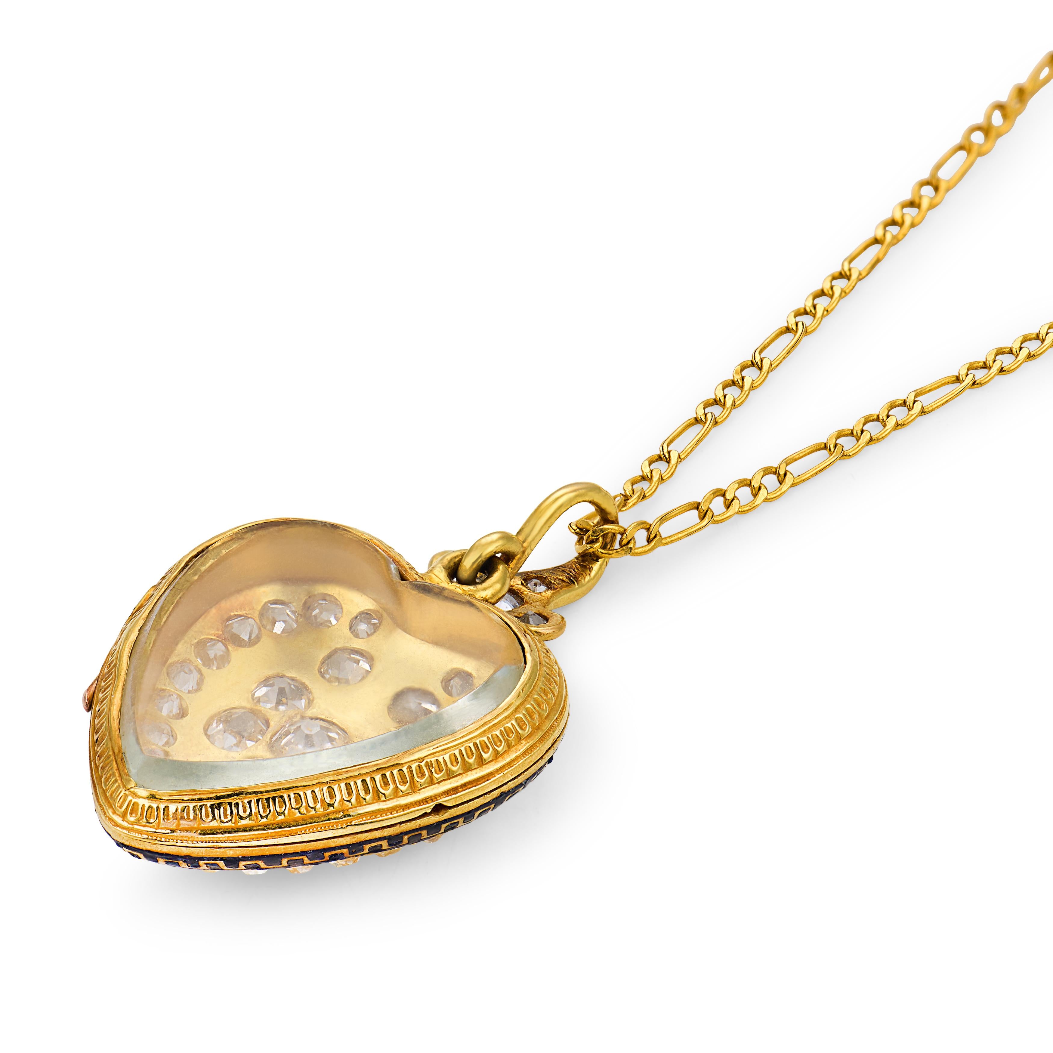 Victorian old mine cut diamond 18k yellow gold enamel heart locket pendant