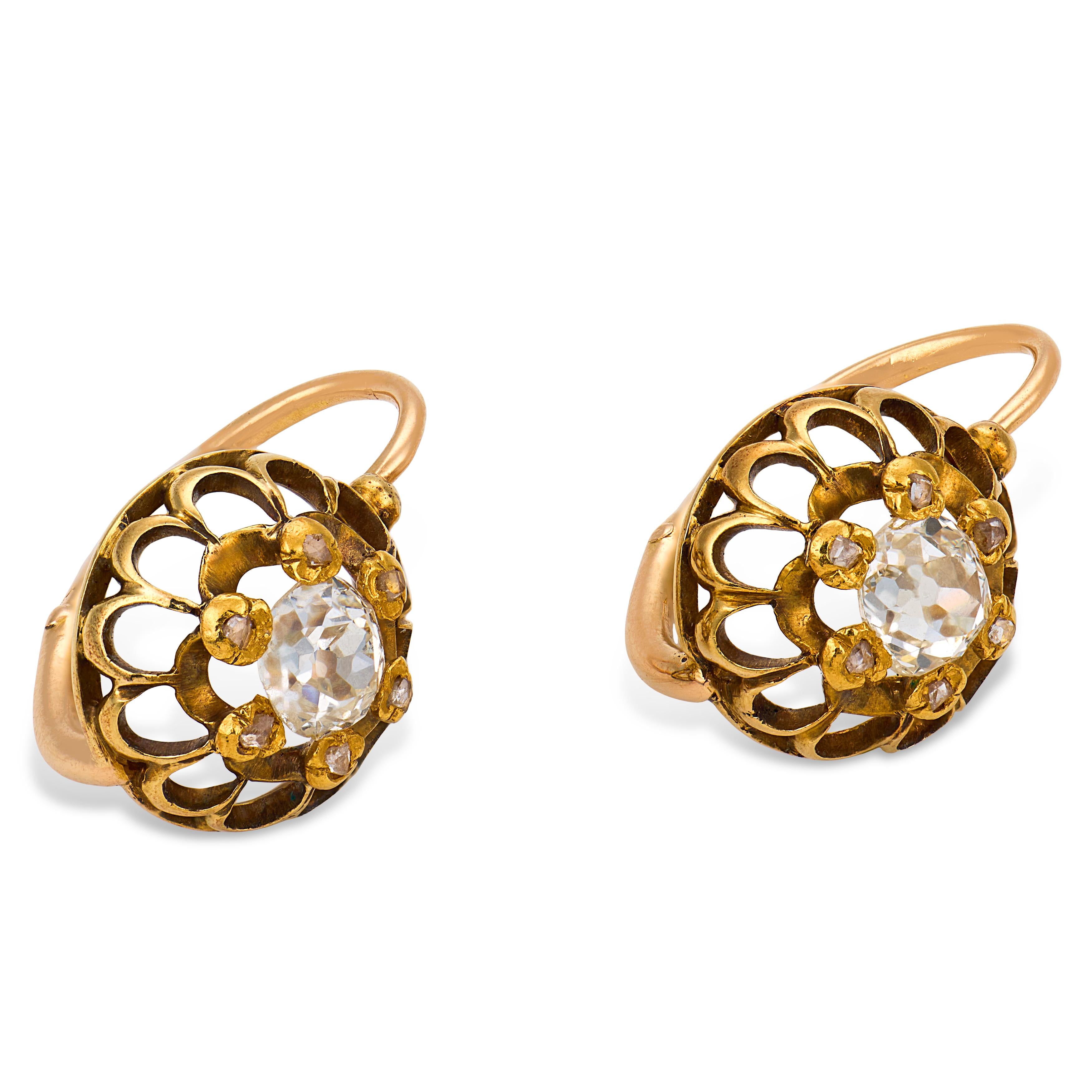 Victorian old mine cut diamond 18k yellow gold earrings