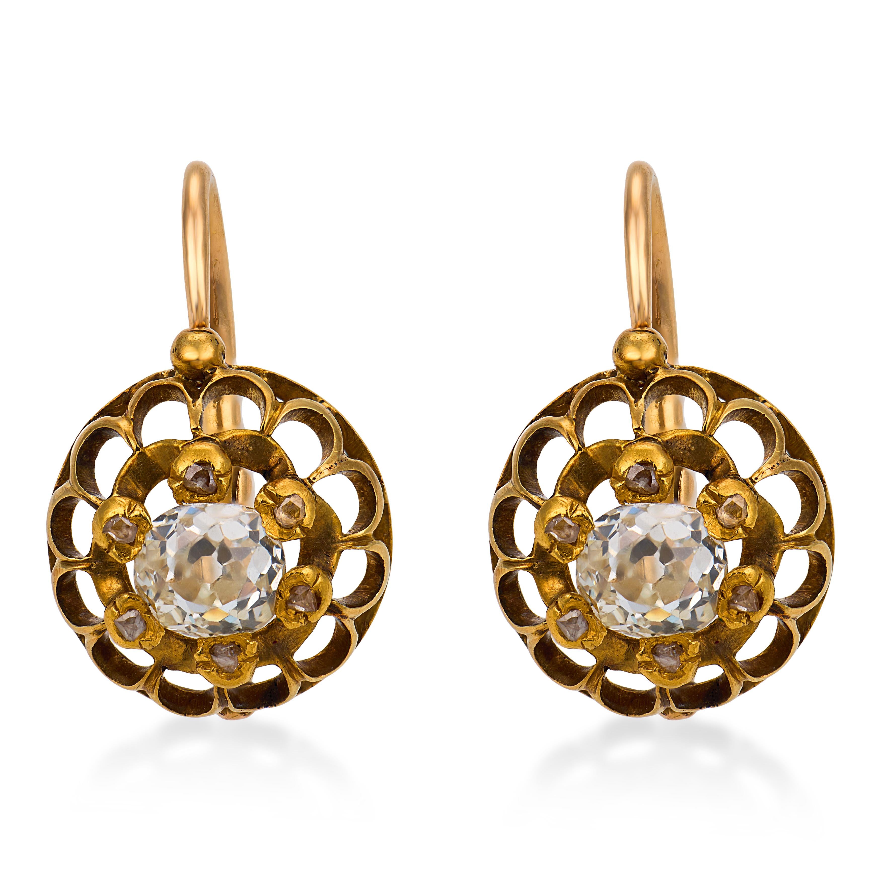 Victorian old mine cut diamond 18k yellow gold earrings