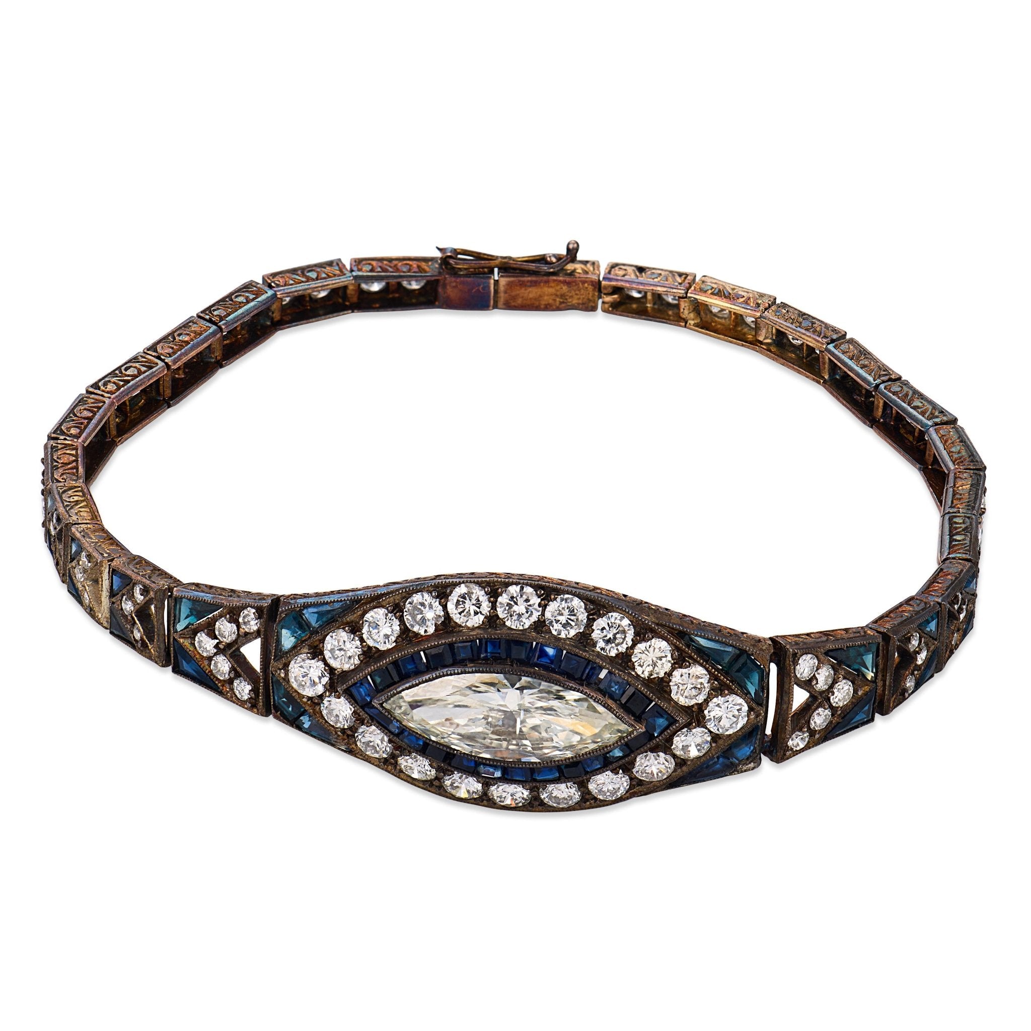 Edwardian 5.20 carat diamond sapphire gold and silver bracelet