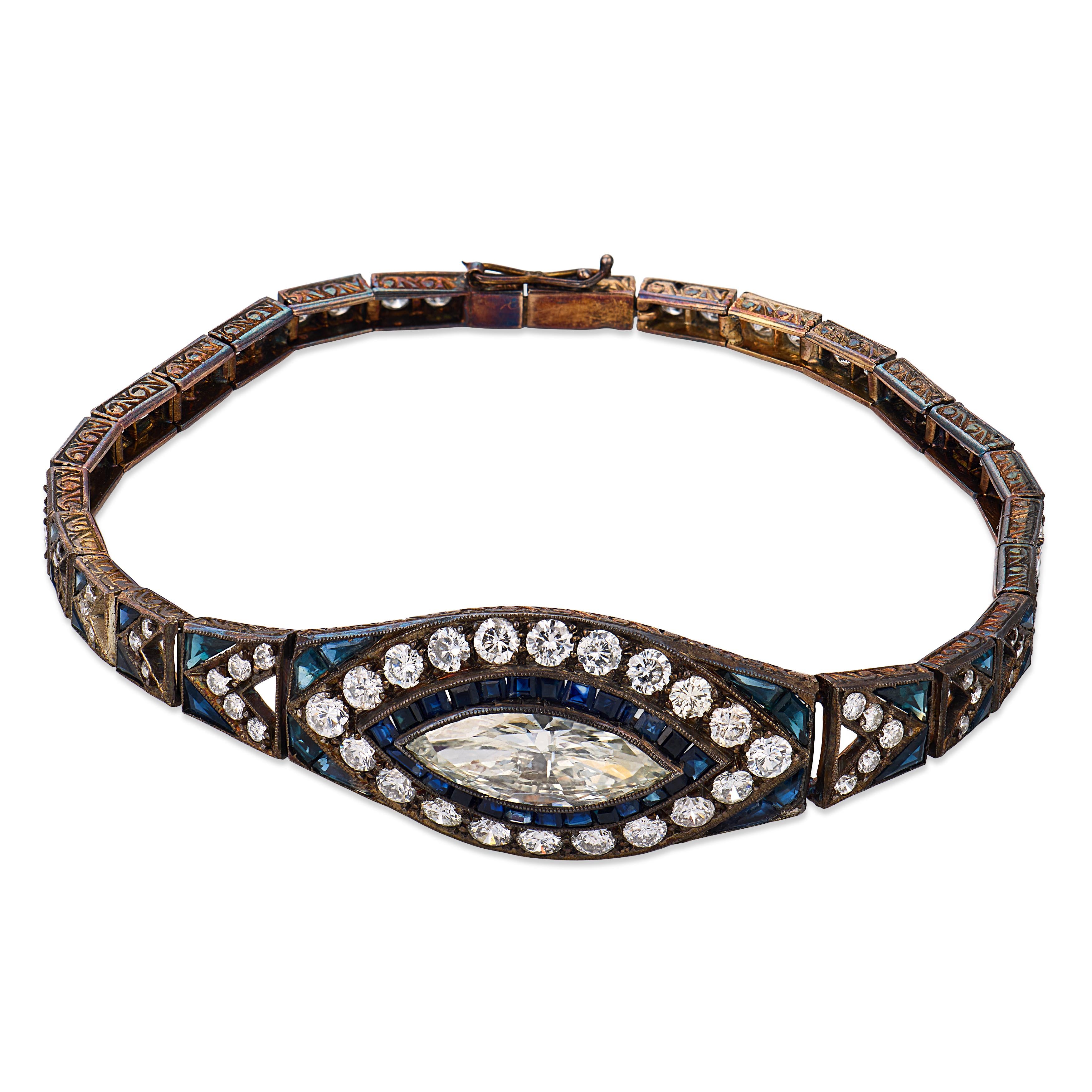 Edwardian 5.20 carat diamond sapphire gold and silver bracelet