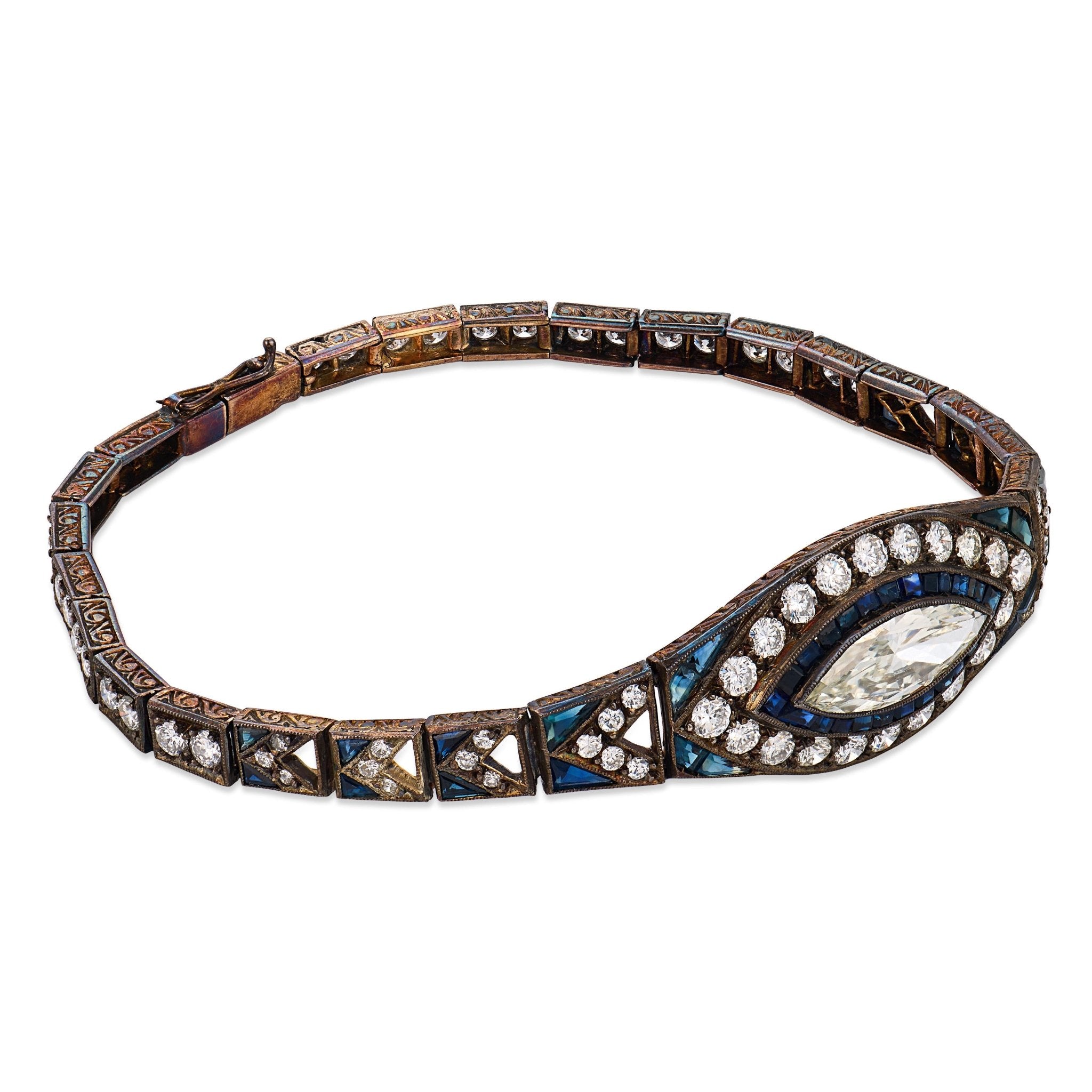 Edwardian 5.20 carat diamond sapphire gold and silver bracelet