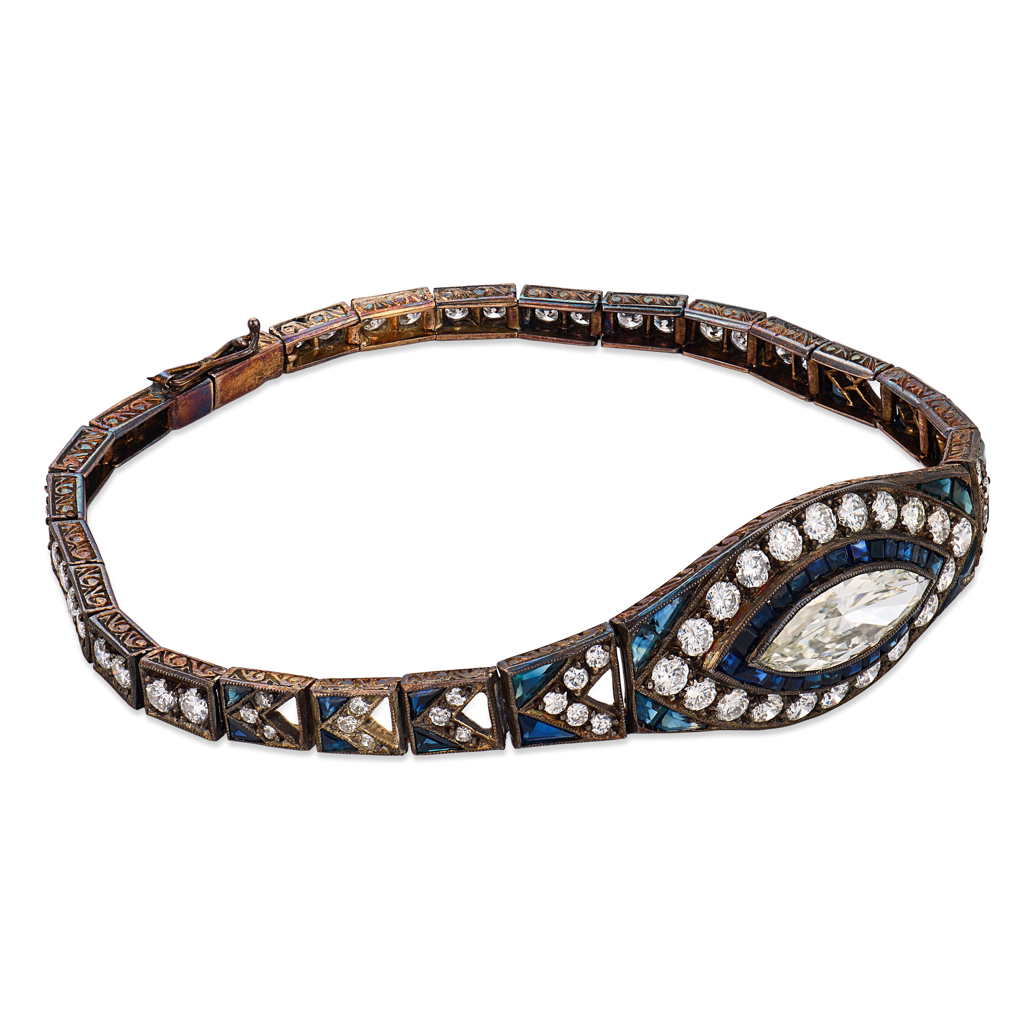 Edwardian 5.20 carat diamond sapphire gold and silver bracelet