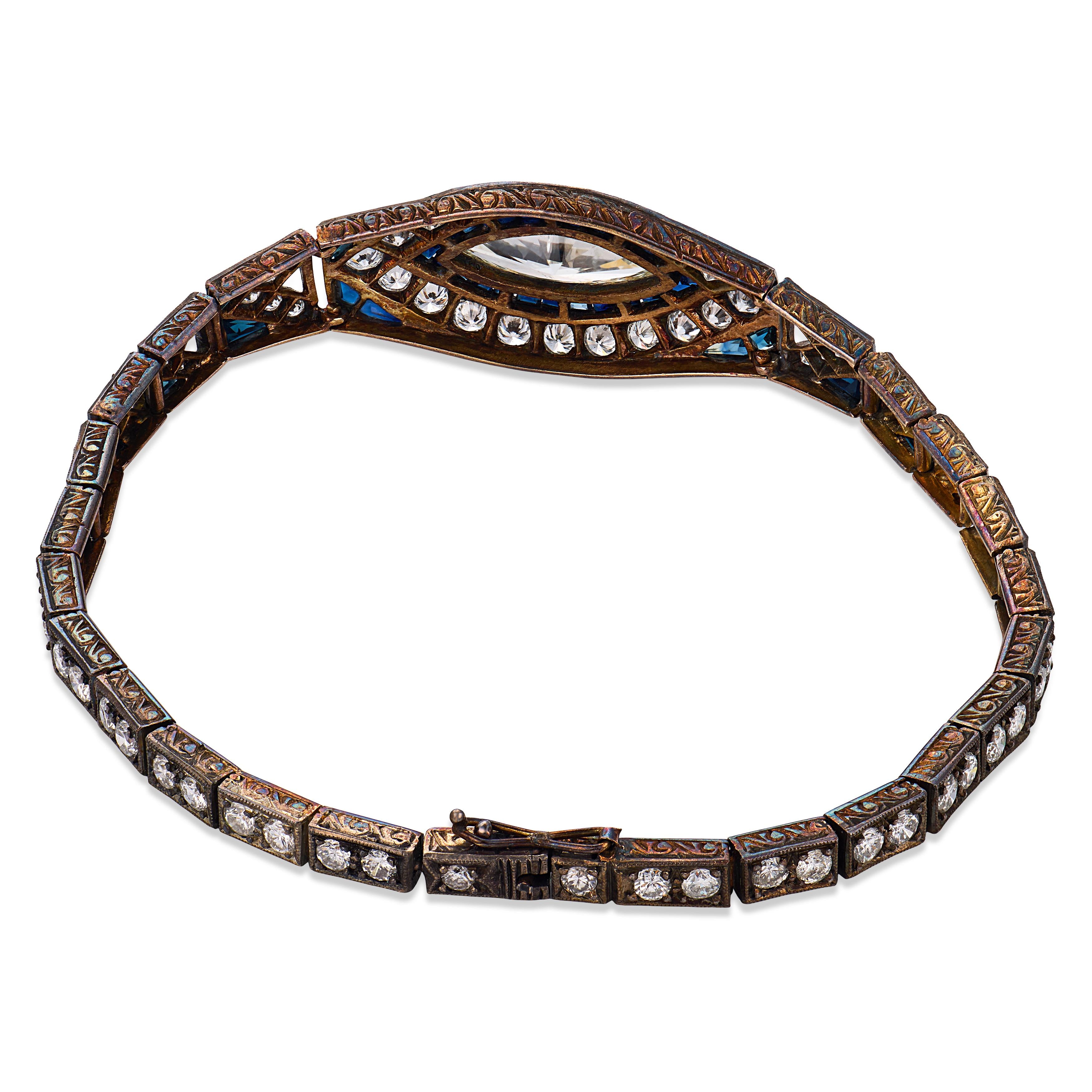 Edwardian 5.20 carat diamond sapphire gold and silver bracelet