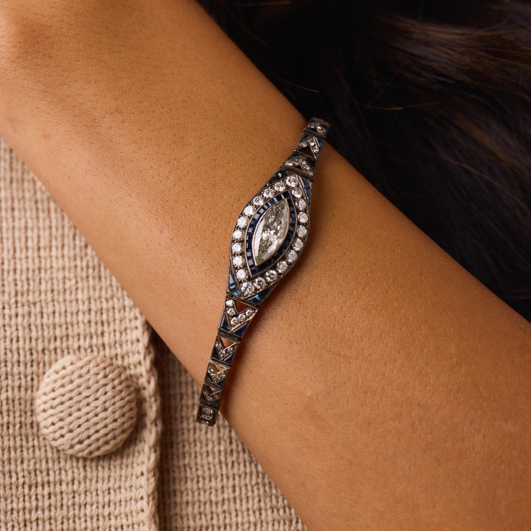 Edwardian 5.20 carat diamond sapphire gold and silver bracelet