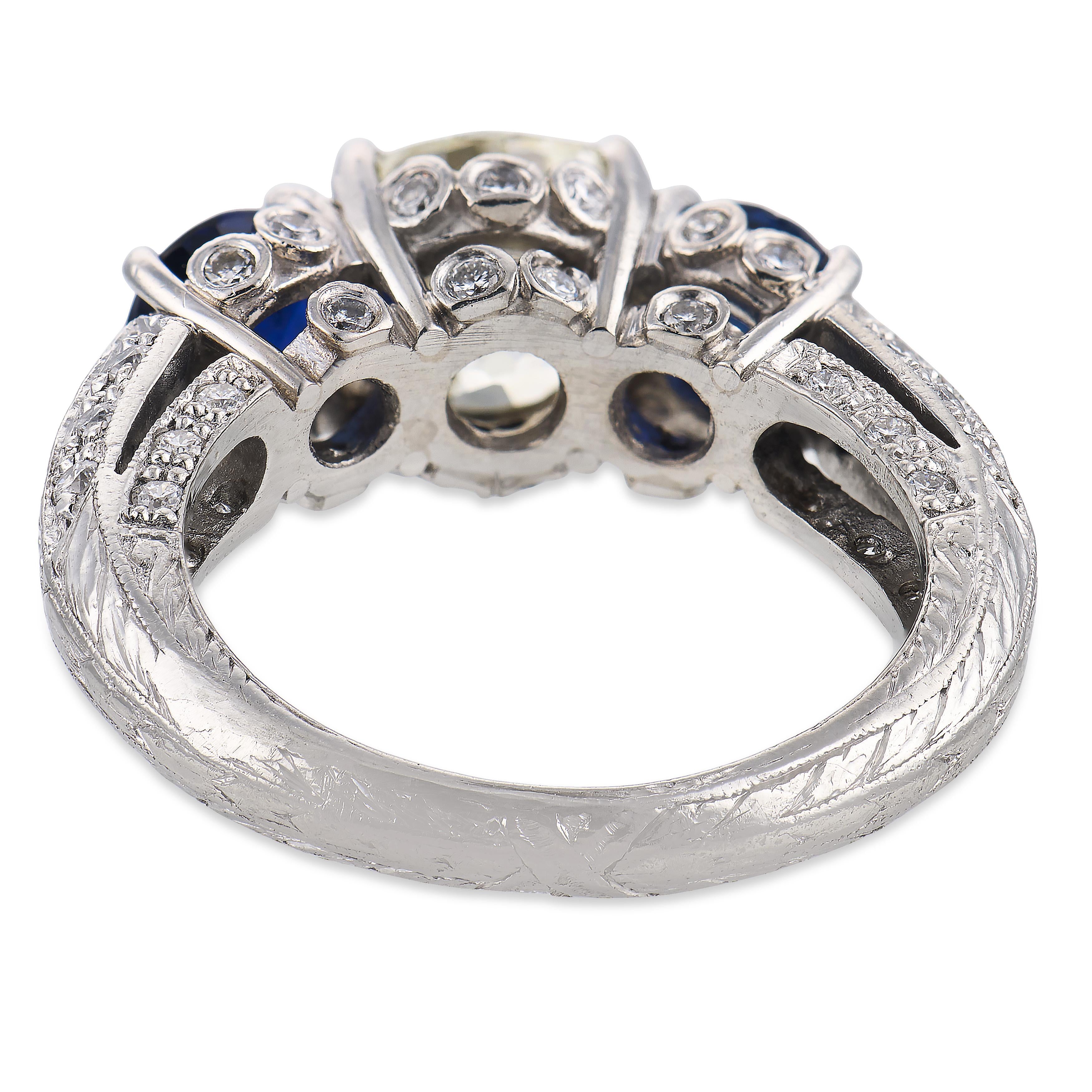 Vintage GIA 1.99 carat old mine cut diamond sapphire platinum ring