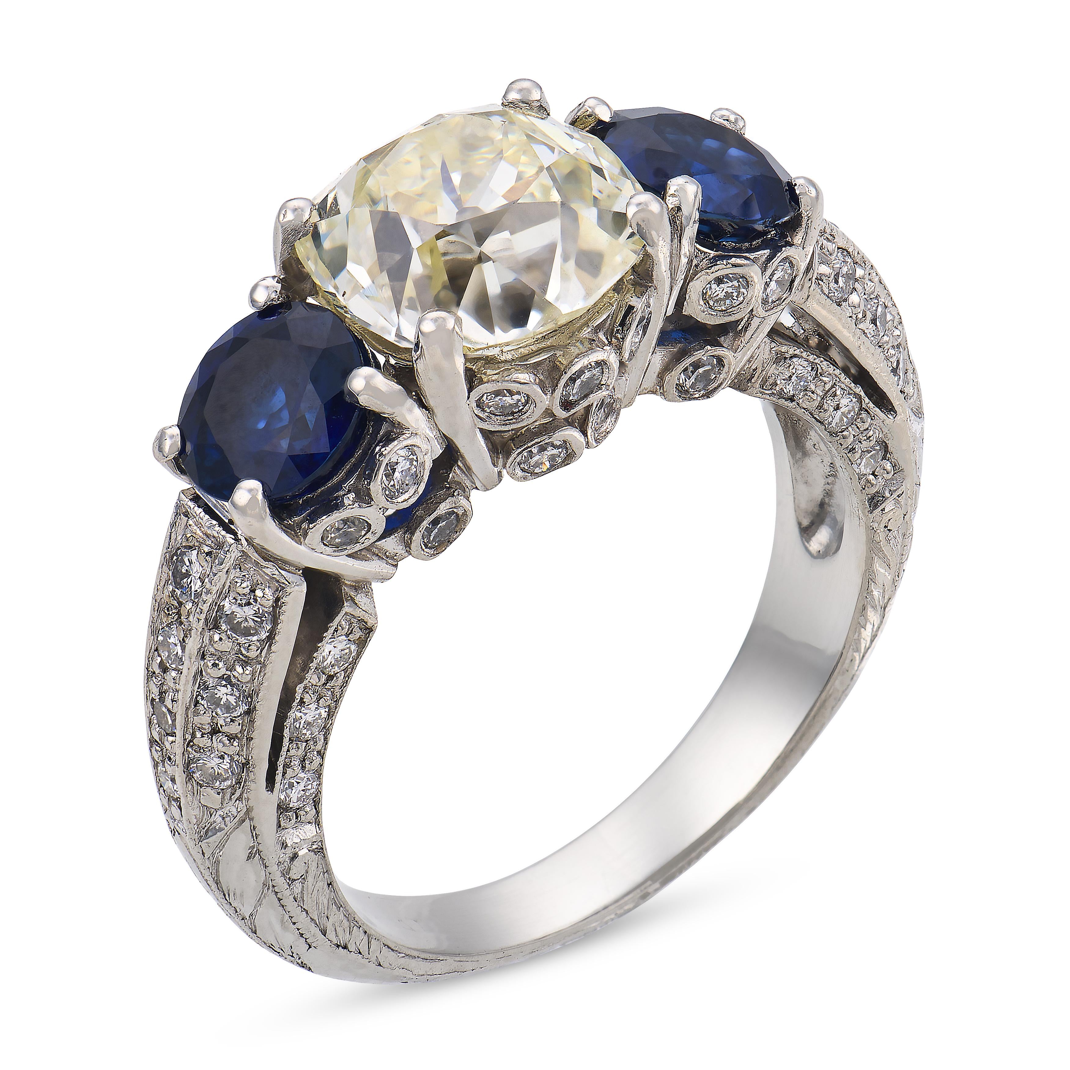 Vintage GIA 1.99 carat old mine cut diamond sapphire platinum ring