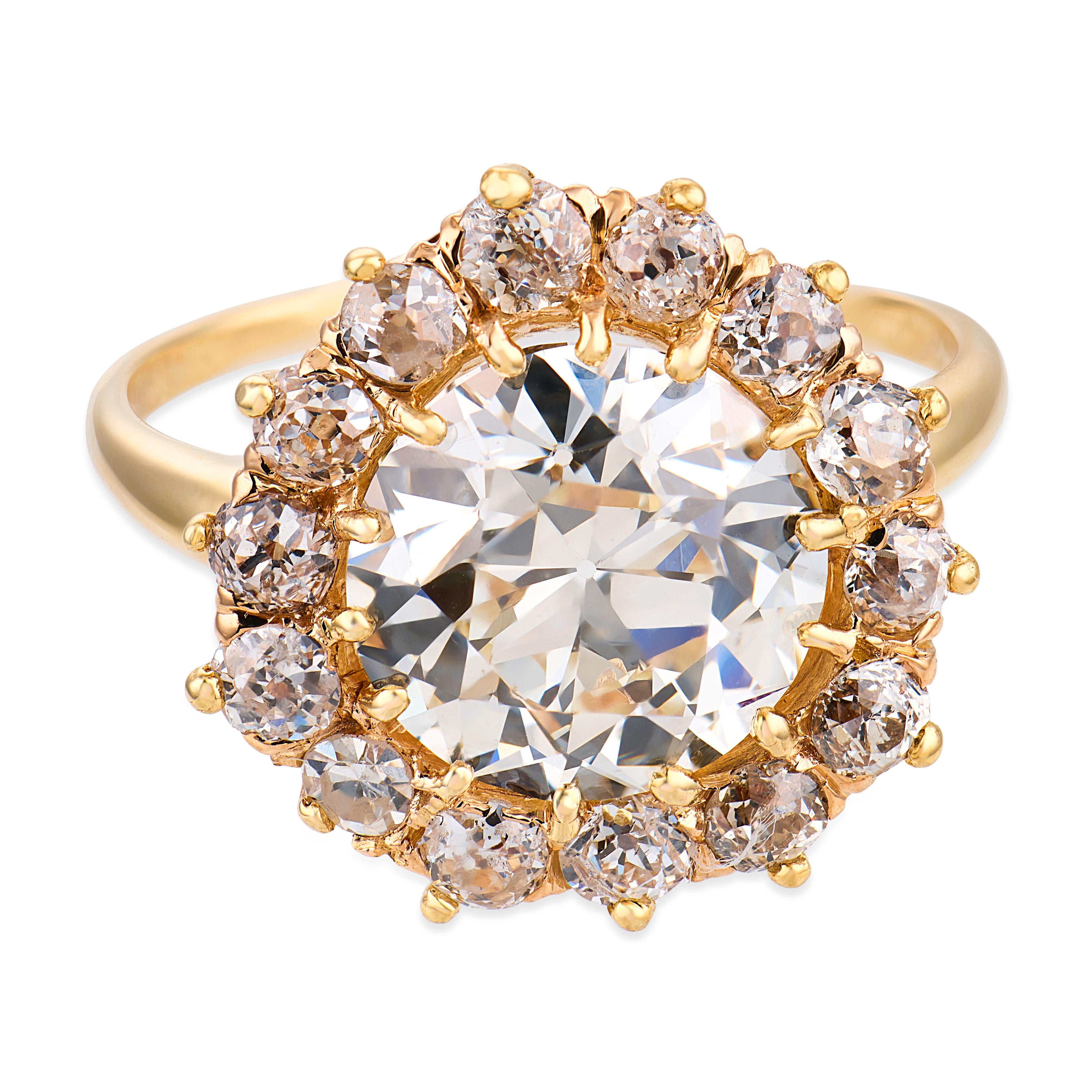 Victorian GIA 3.43 carat diamond 14k yellow gold cluster ring