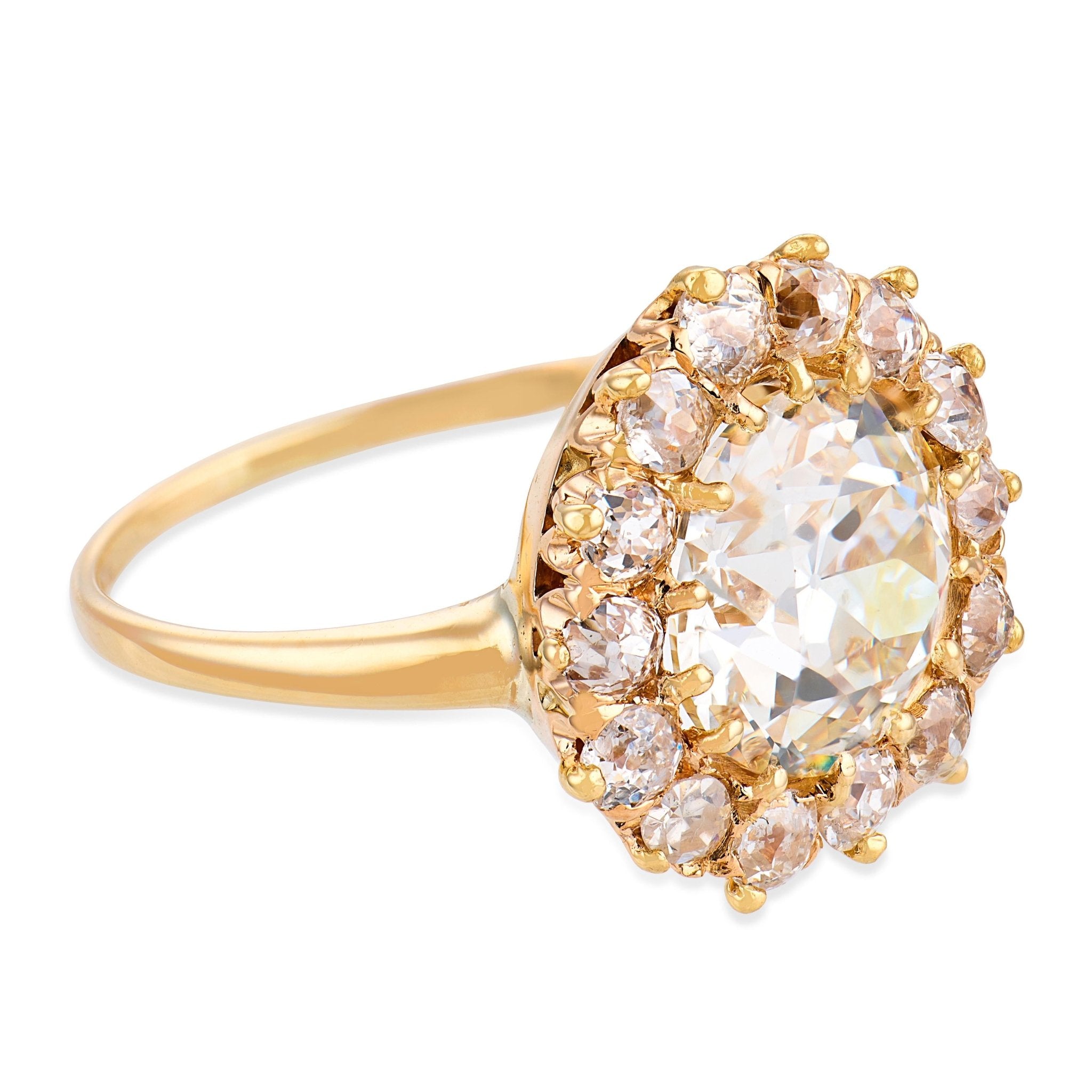 Victorian GIA 3.43 carat diamond 14k yellow gold cluster ring