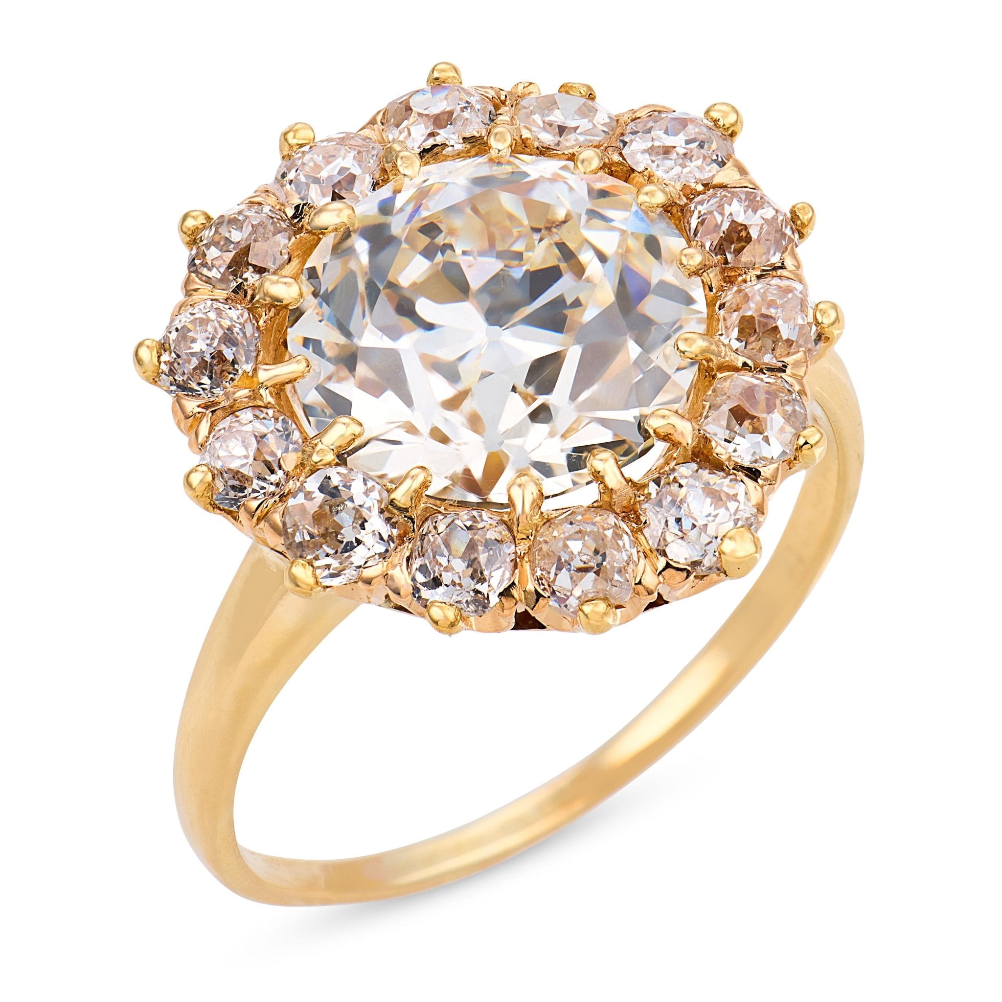 Victorian GIA 3.43 carat diamond 14k yellow gold cluster ring