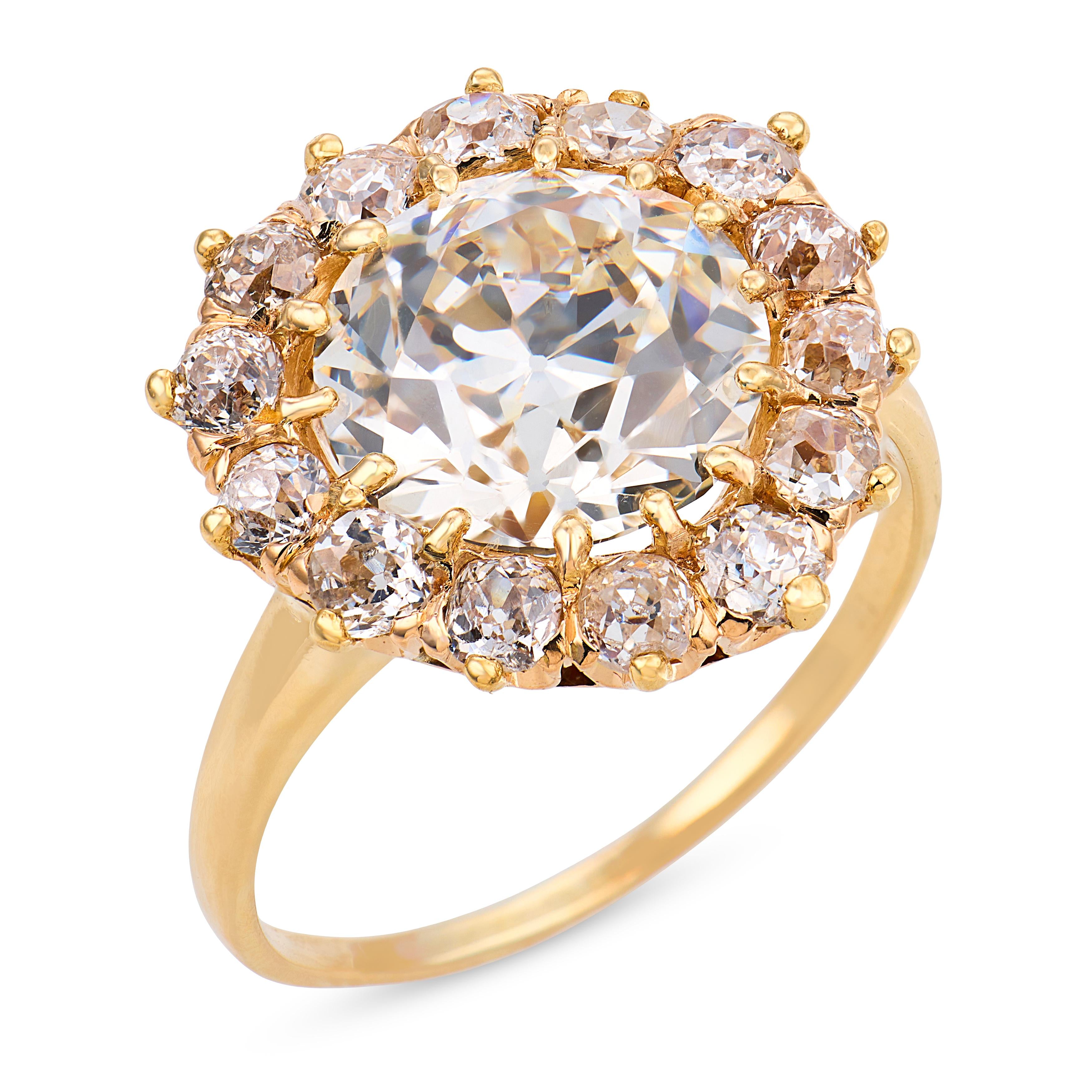 Victorian GIA 3.43 carat diamond 14k yellow gold cluster ring